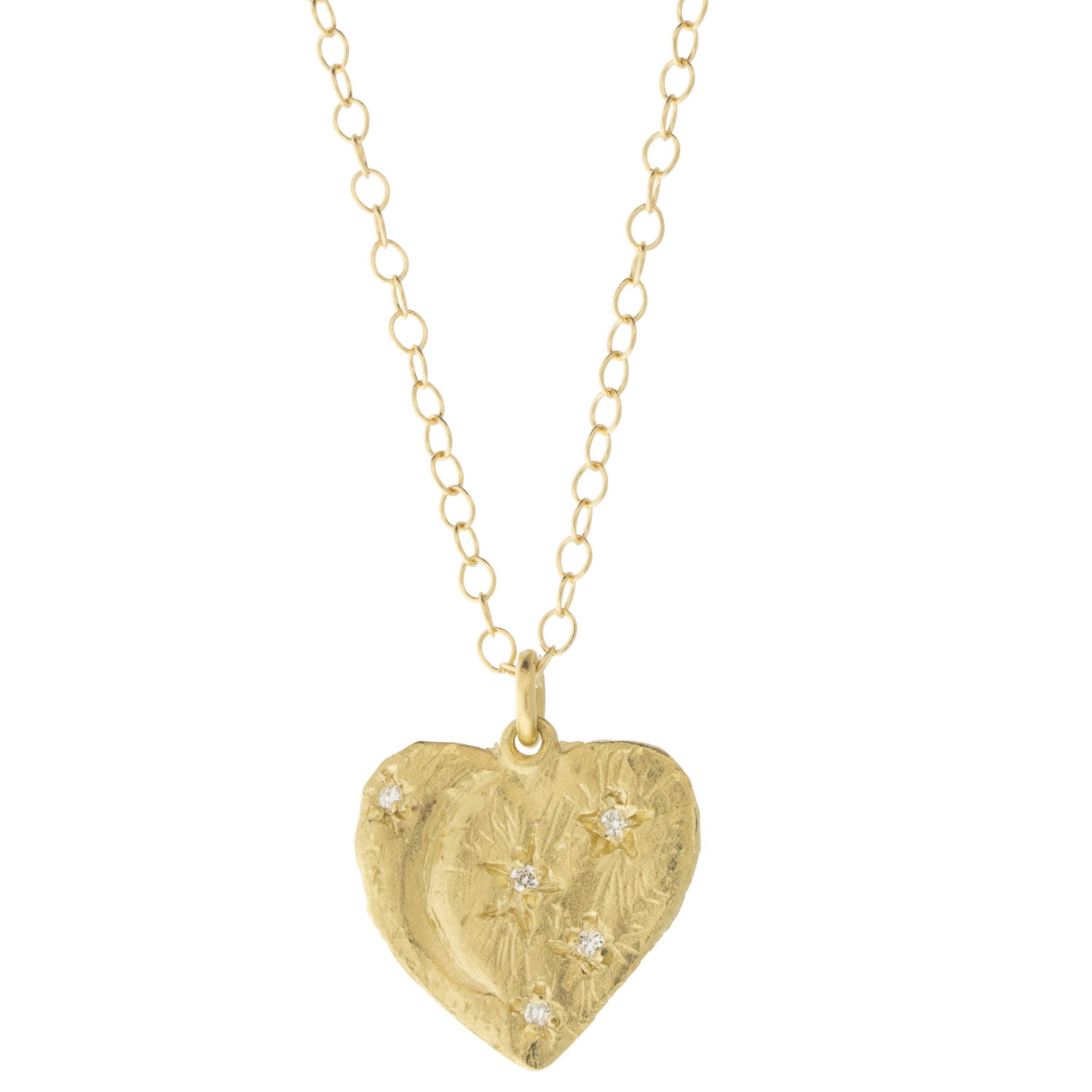Victoria Cunningham Trunk Show: 14K Heart w/moon & stars, Chain meaures 16", Pendant measures 5/8" x 1/2" including bail