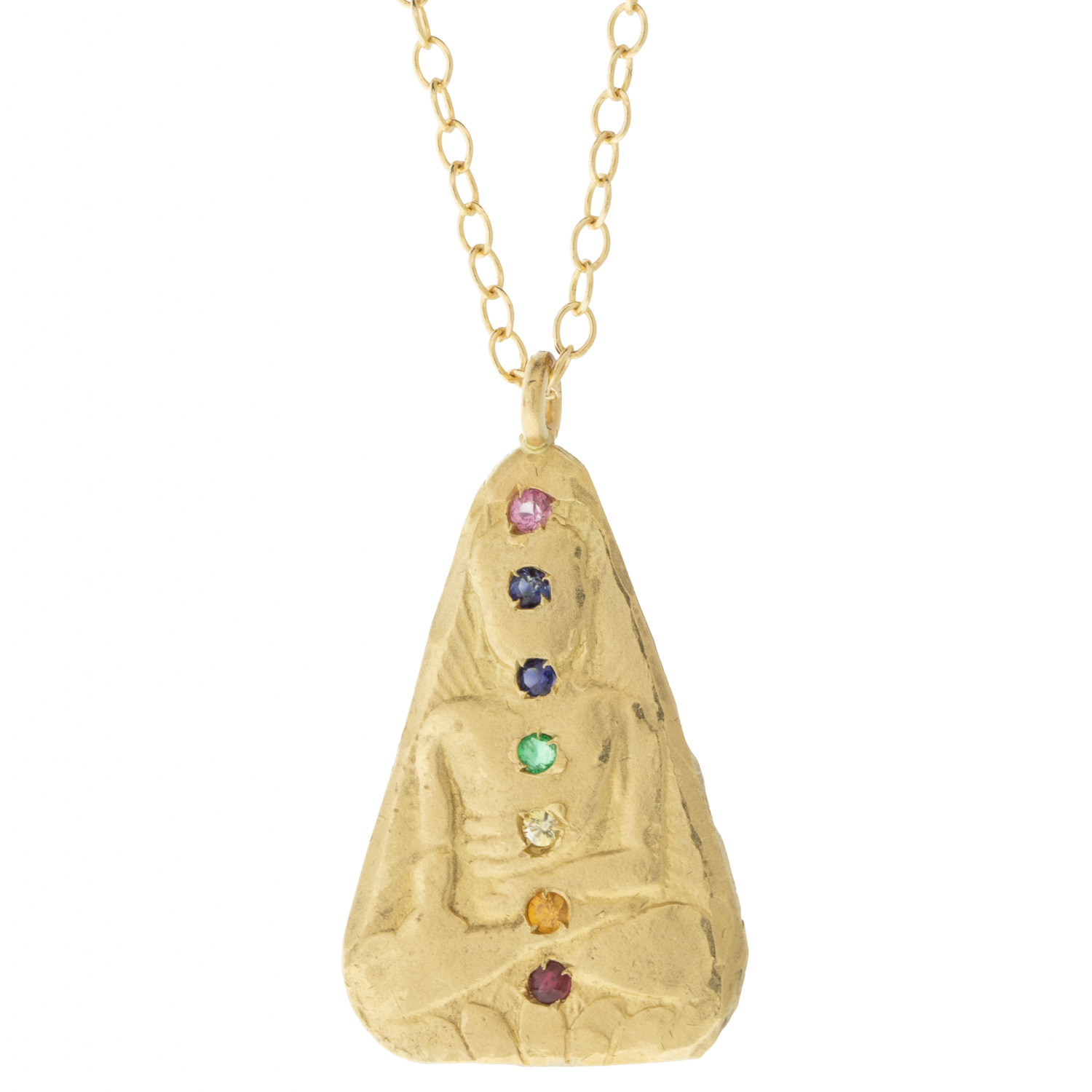 Victoria Cunningham Trunk Show: 14K chakra buddha trinity w/ multi colored sapphires 1" x 9/16" inc bail 19" in length