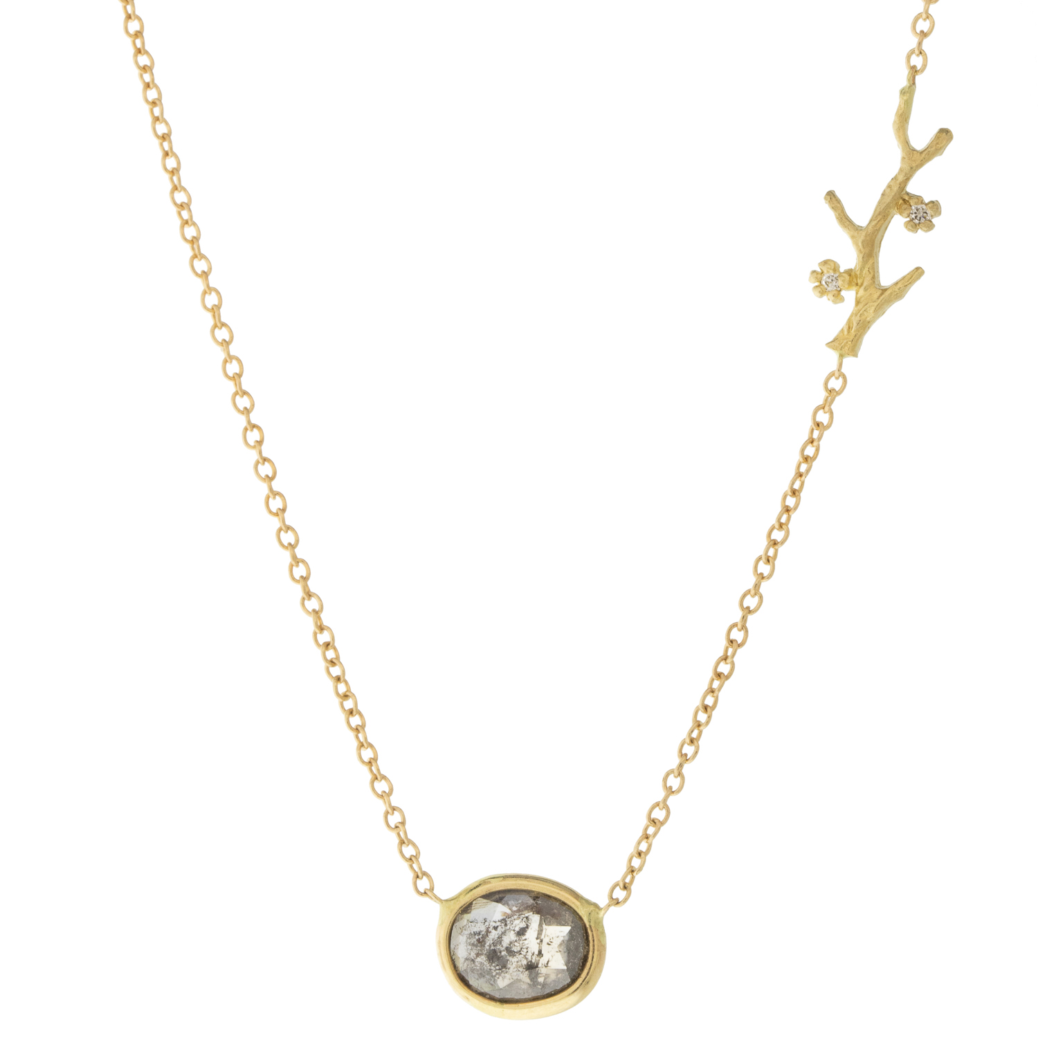Victoria Cunningham Trunk Show: 14K & Rustic Diamond w/branch, Adjustable chain measures 15" to 16 1/2", Diamond measures 1/4" x 5/16", Branch measures 3/16" x 9/16"