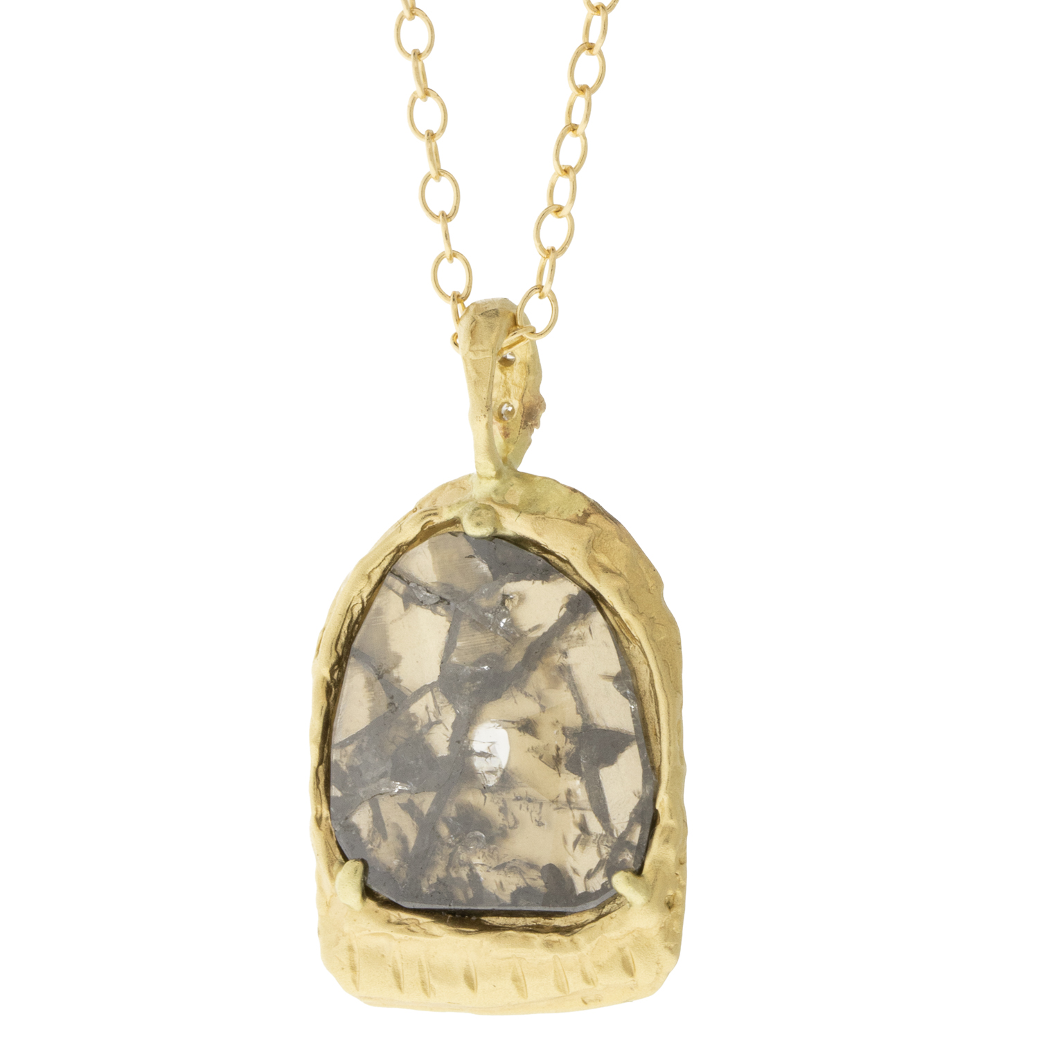 Victoria Cunningham Trunk Show: 14K buddha w/ 2.5 TCW diamond slice window + diamond bale 1 1/16" x 9/16" inc bail 18-20" in length