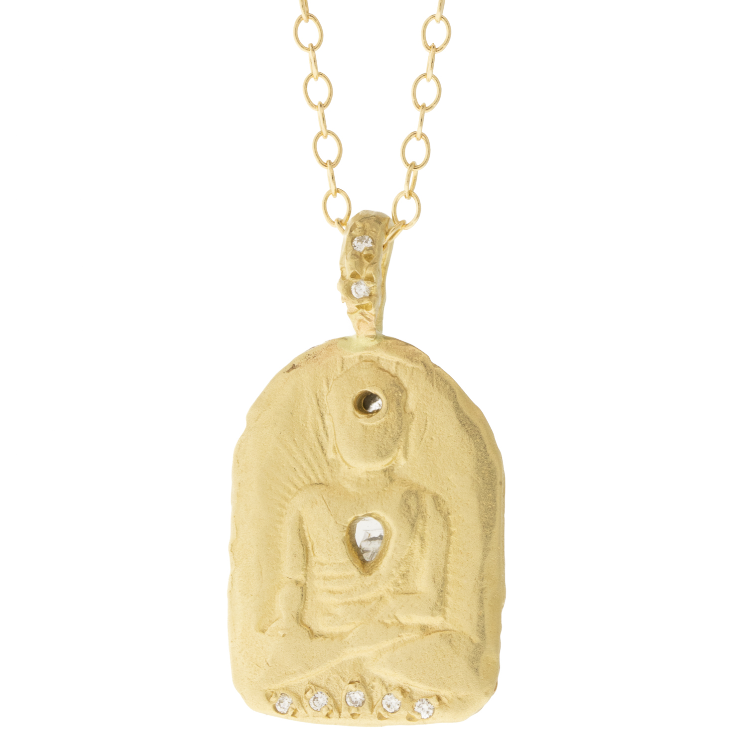 Victoria Cunningham Trunk Show: 14K buddha w/ 2.5 TCW diamond slice window + diamond bale 1 1/16" x 9/16" inc bail 18-20" in length