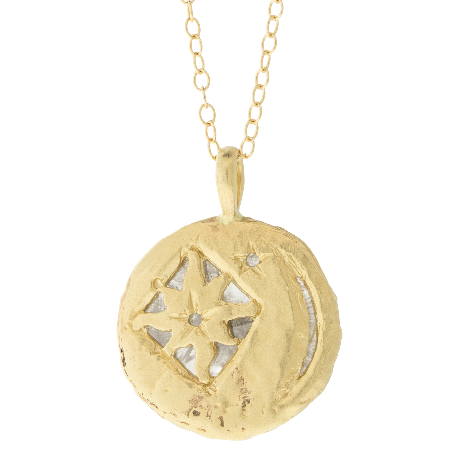 Victoria Cunningham Trunk Show: 14k sun & Moon w/ 3.05 TCW diamond slice window 1" x 3/4" inc bail 19-20" in length