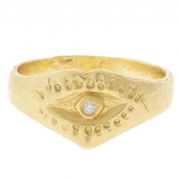 Victoria Cunningham: Ring, Heart and Evil Eye Signet, Diamonds .02 TCW, 14K yellow gold, Currently available in size 6 1/4