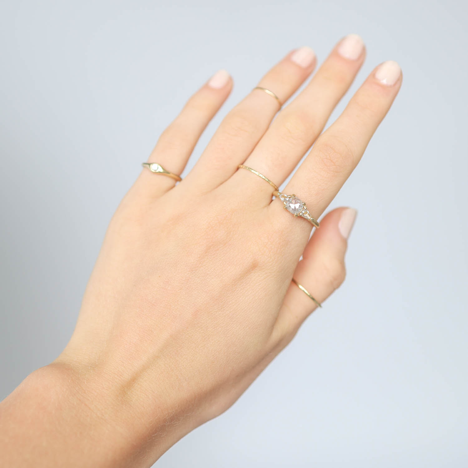 Victoria Cunningham Trunk show : 14K Ring with Cushion rose cut rustic diamond w/2 pear diamonds 0.92ct