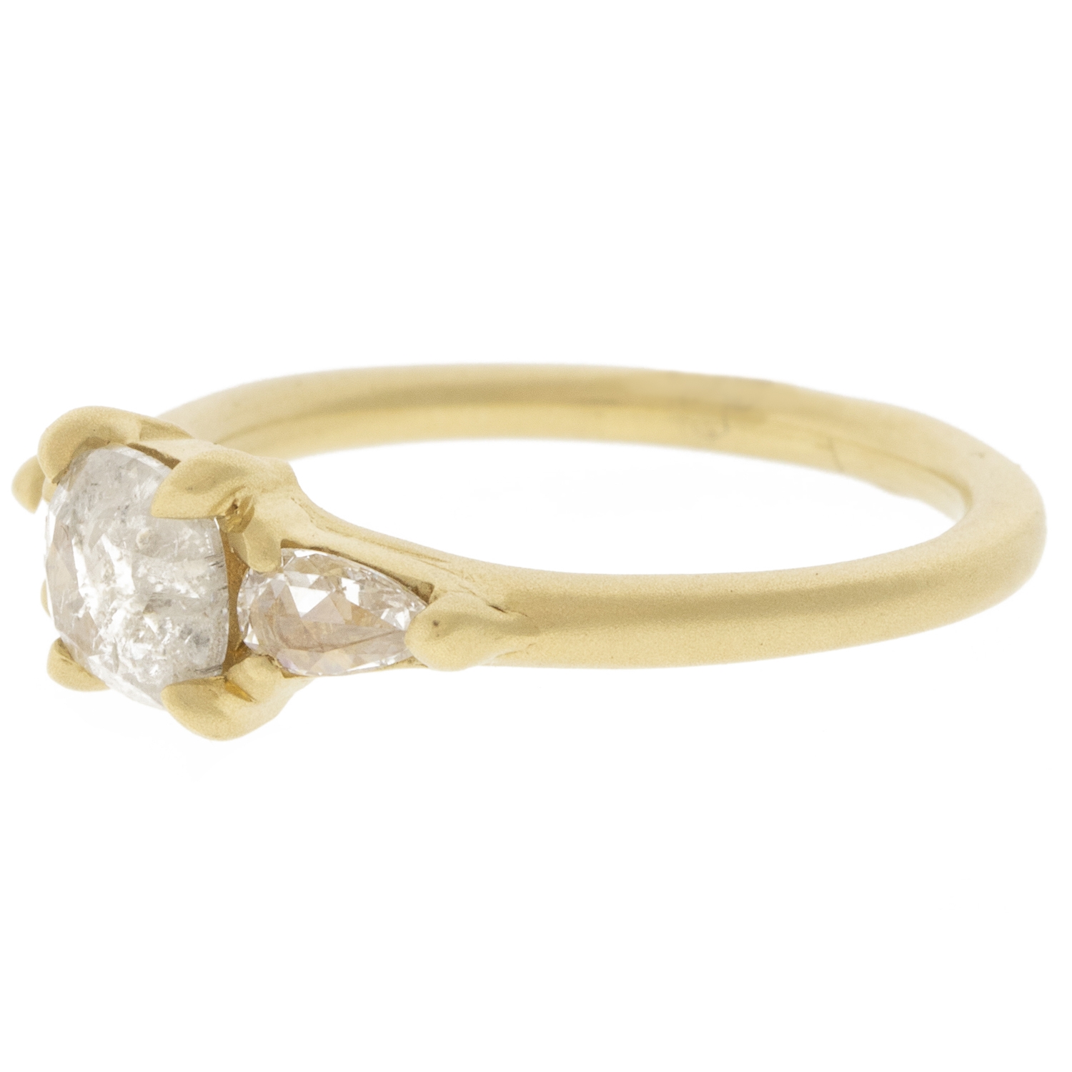 Victoria Cunningham Trunk show : 14K Ring with Cushion rose cut rustic diamond w/2 pear diamonds 0.92ct