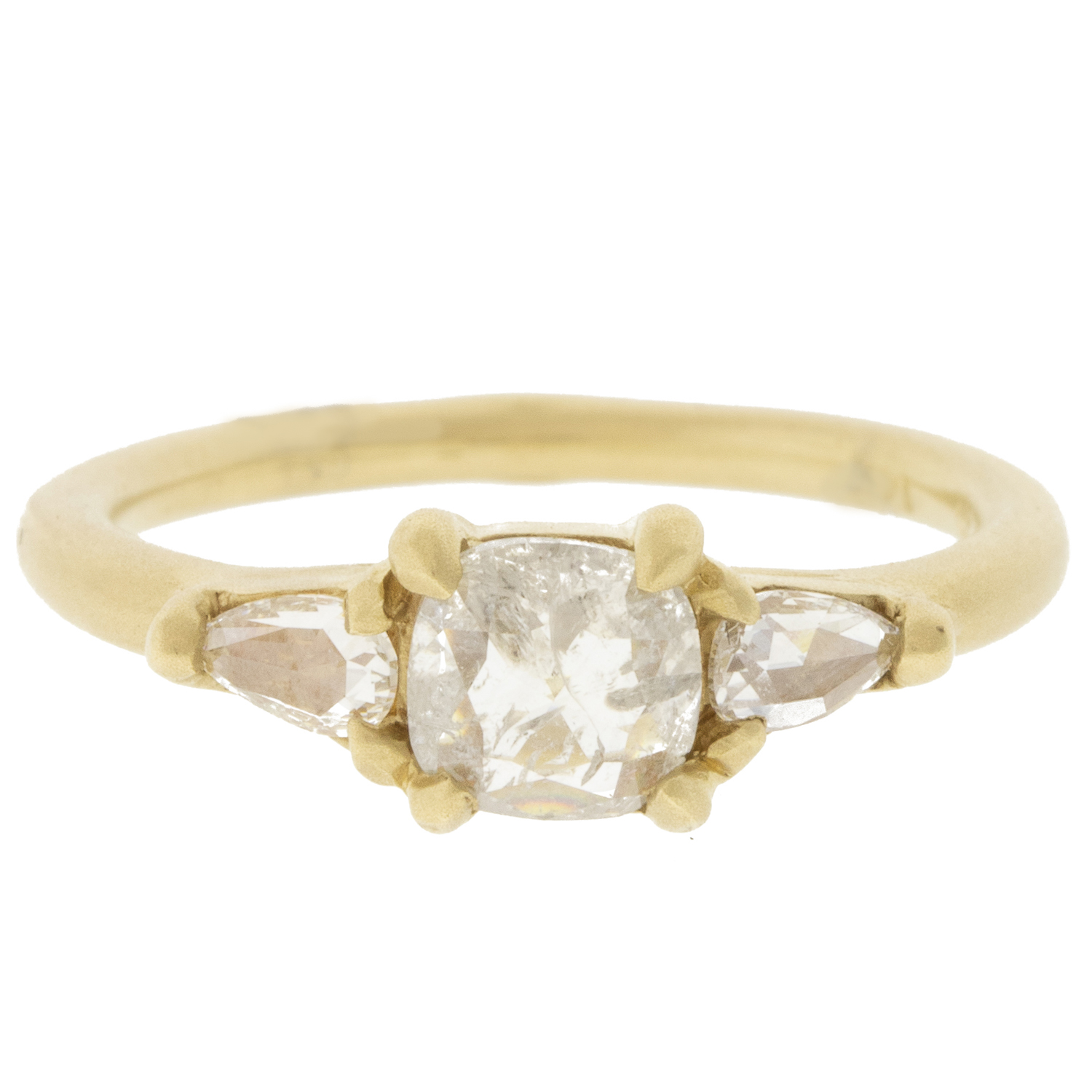 Victoria Cunningham Trunk show : 14K Ring with Cushion rose cut rustic diamond w/2 pear diamonds 0.92ct