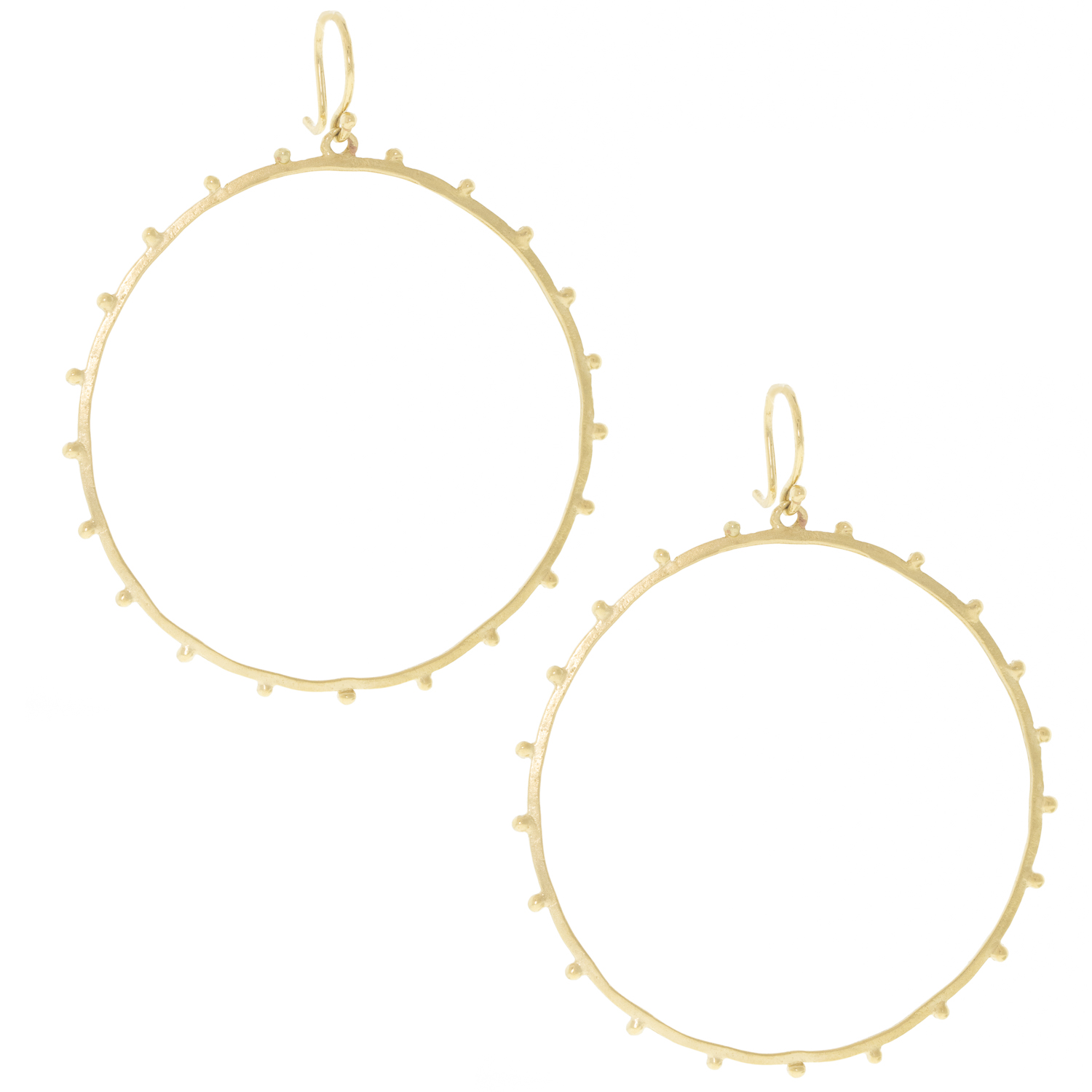 Victoria Cunningham Trunk show: Earrings, Studs, large hoop w/ beaded edge 14K Yellow Gold. 2 1/4" x 1 3/4" including earwire