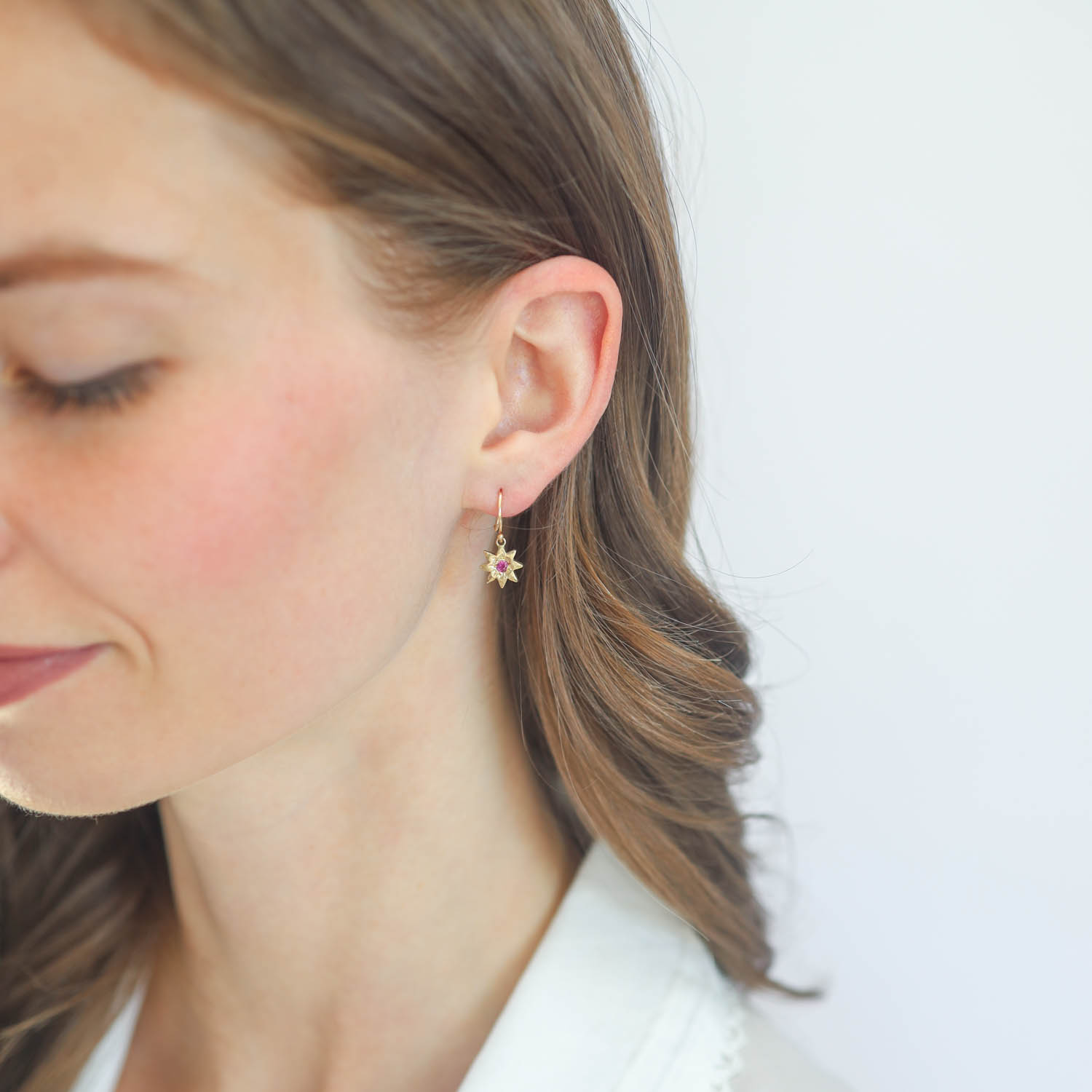 Victoria Cunningham Trunk Show: Earrings, Sunshine earrings w/ ruby dangle 14K Yellow Gold. 13/16" x 3/8" including earwire