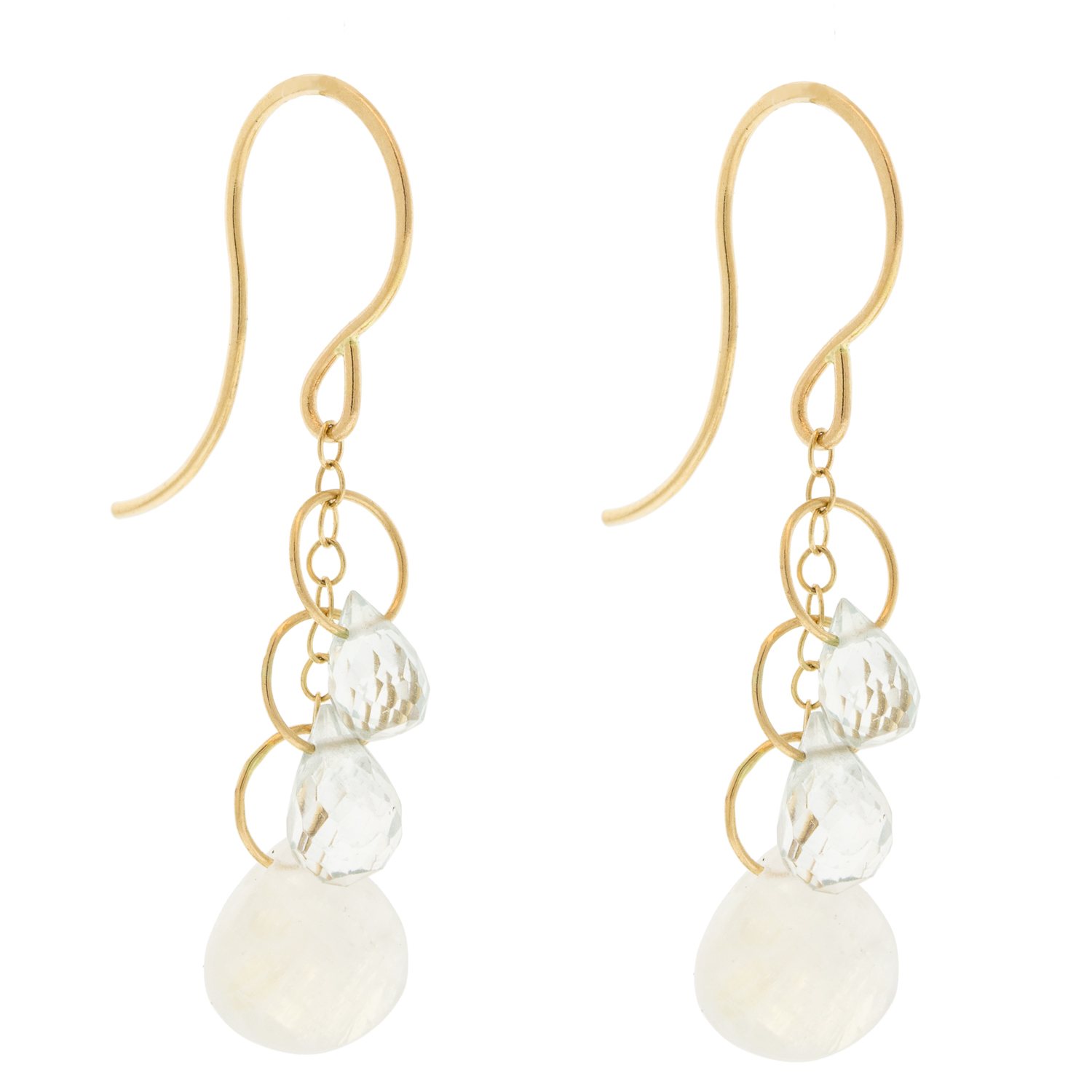 Melissa Joy Manning: 14 K gold Aquamarine,white topaz Rainbow moonstone triple drop chain earring, measures 1 and 2/10" including earwire