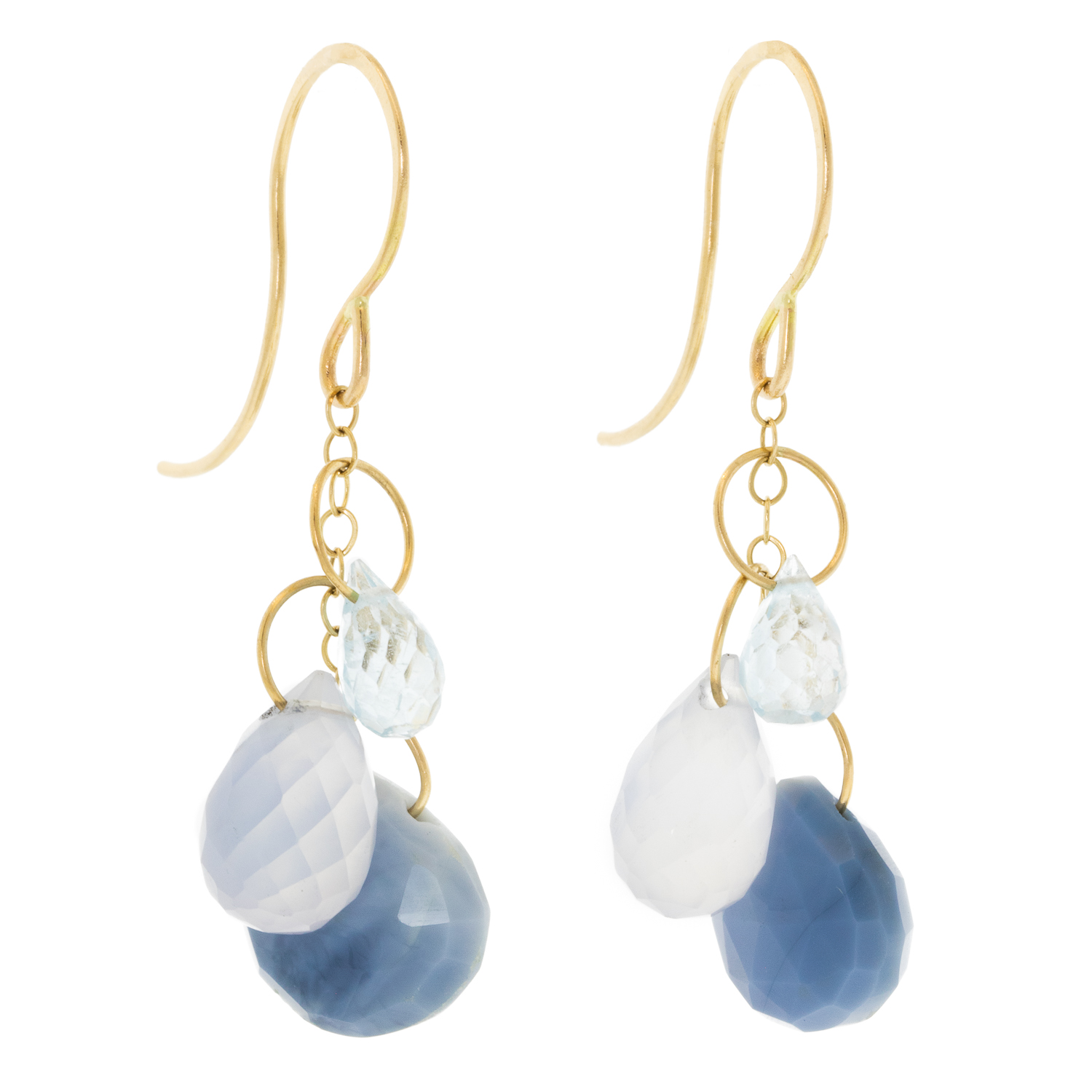 Melissa Joy Manning: 14 K gold Blue topaz,chalcedony & blue opal triple drop chain earring