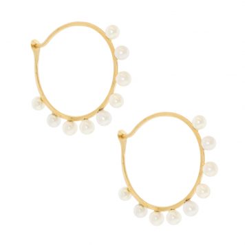 Melissa Joy Manning : 14k gold Drilled pearl hoops, measures 3/4" in diameter