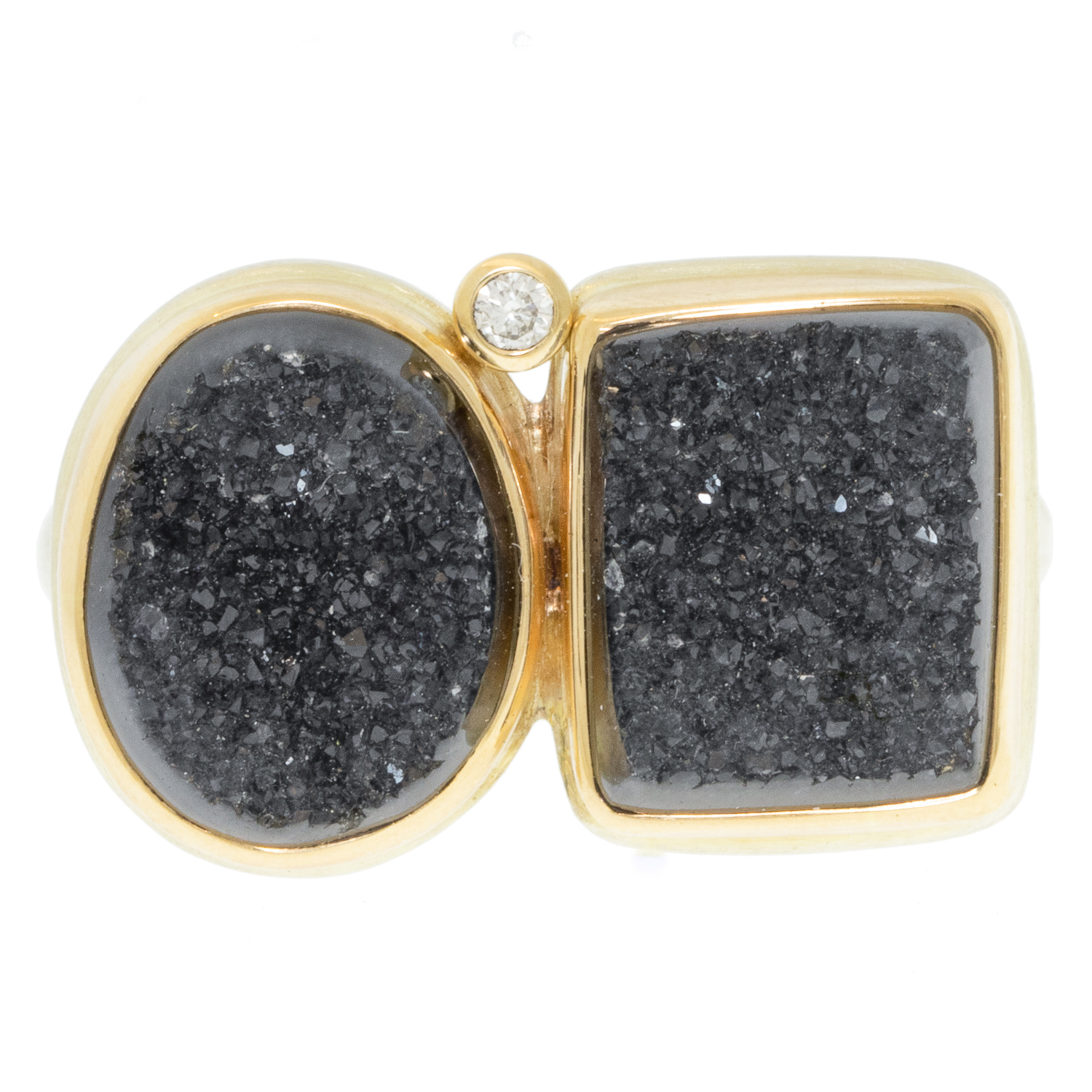 Jamie Joseph:Sterling & 14K Gold Ring w/ Double Oval & RectangularBRAZILIAN BLACK DRUSY & .03 ct Satellite Diamondon Egyptian Band size 7.5 7/16" x 13/16"