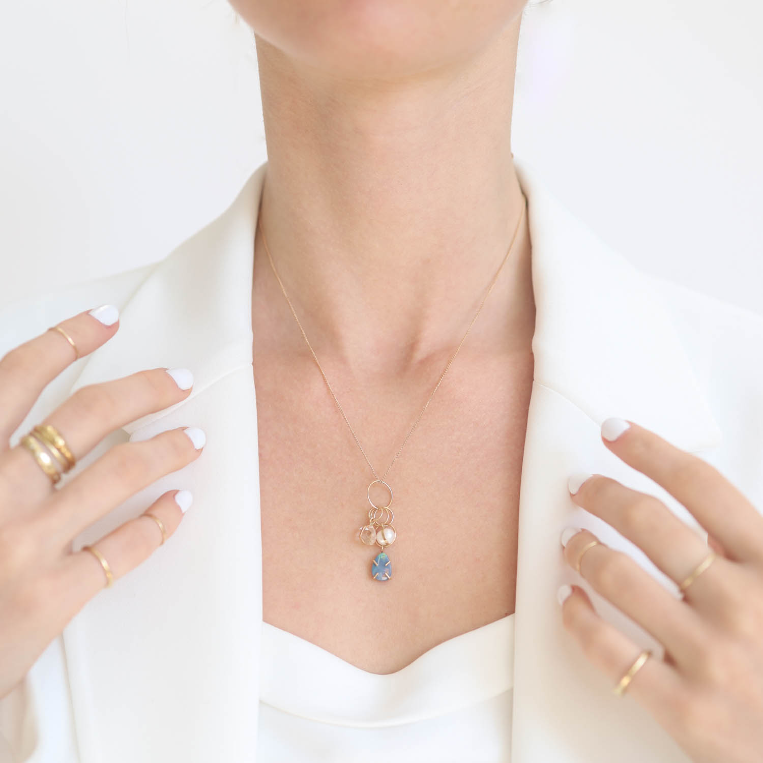 Melissa Joy Manning: Limited edition 14k gold Pearl,Herkimer & Australian opal necklace,16-18"