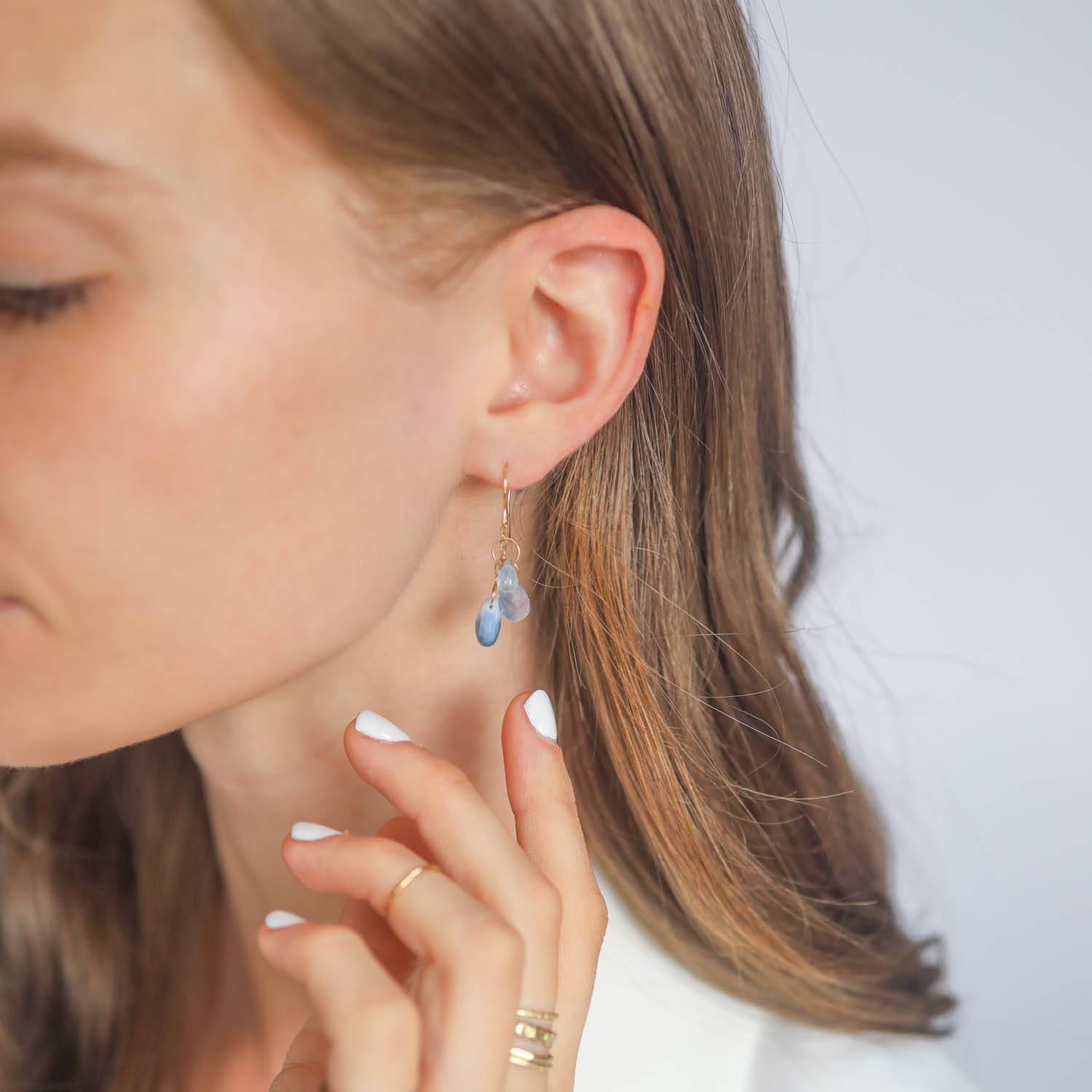 Melissa Joy Manning: 14 K gold Blue topaz,chalcedony & blue opal triple drop chain earring