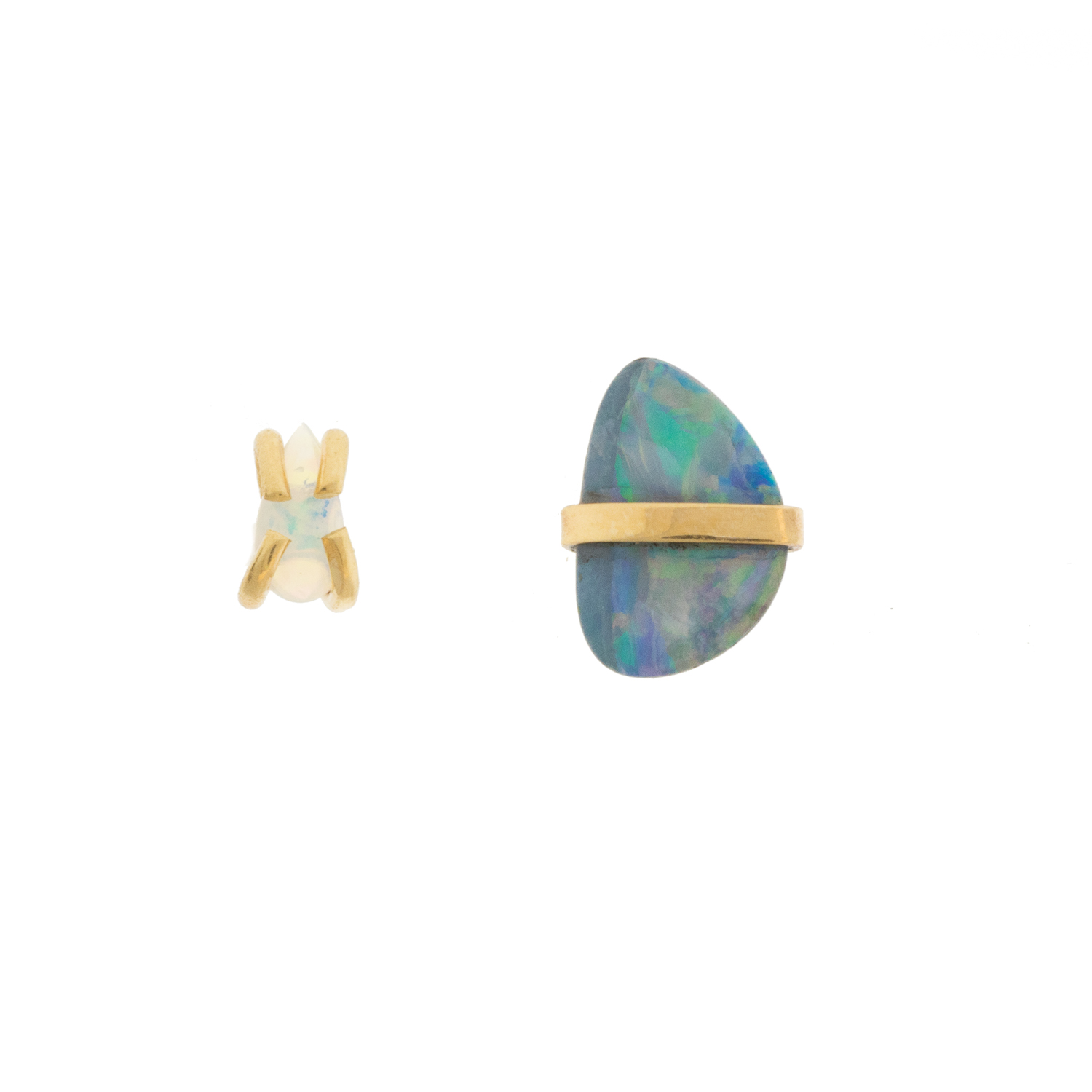 Melissa Joy Manning: Limited edition 14k Yellow gold Wrapped free form australian opal stud, belted stone measures 1/4" x " gold prong stone measures 5/32" x 3/32"