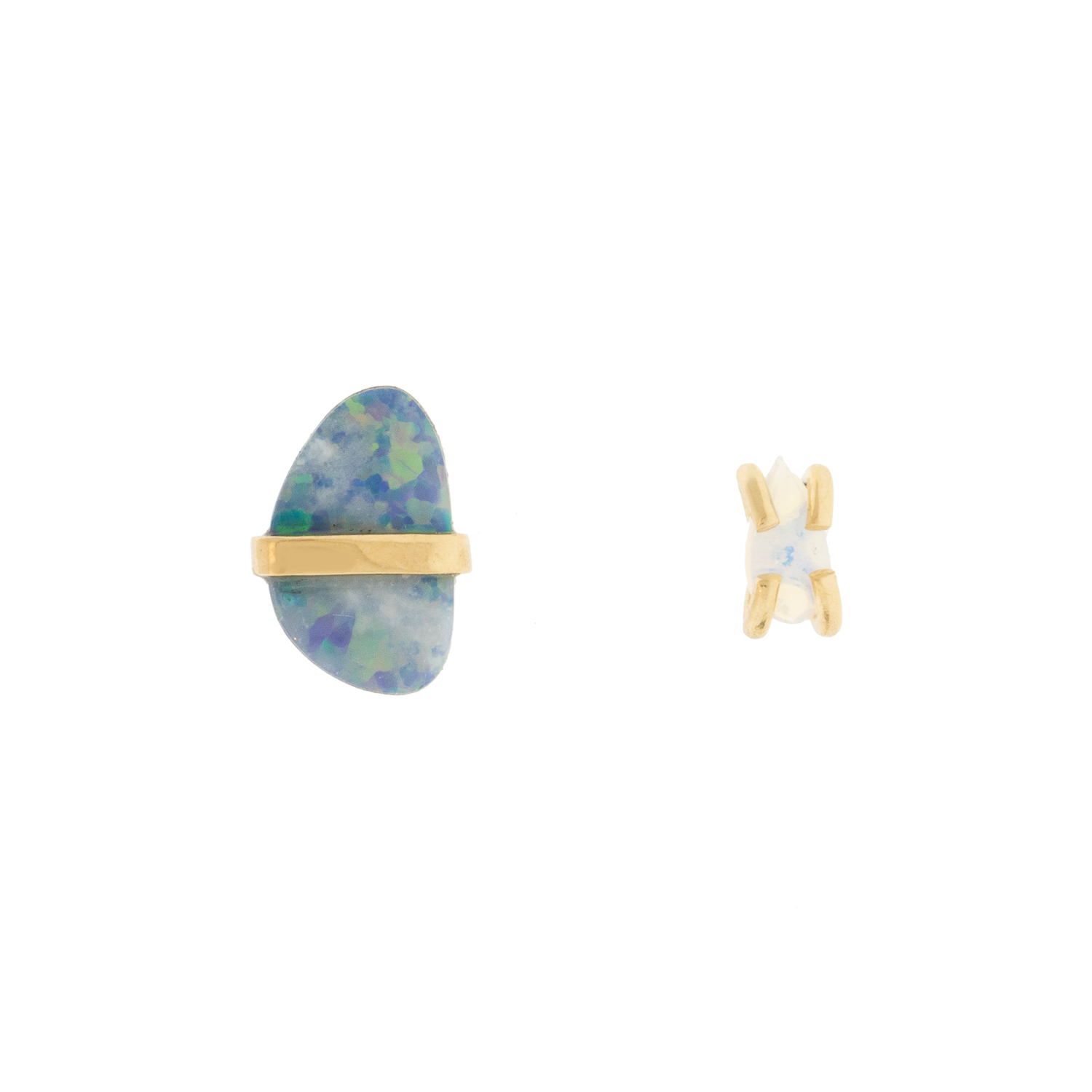 Melissa Joy Manning: Limited edition 14k Yellow gold Wrapped free form australian opal stud, belted stone measures 1/4" x " gold prong stone measures 5/32" x 3/32"
