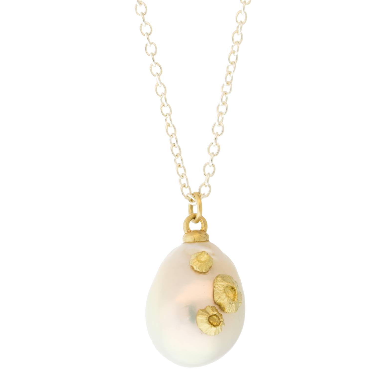 Hannah Blount:Baroque Pearl Ruthie B. Necklace with Barnacles Bright Sterling Silver + 14k Gold Pearl measures 3/4" x 1/2" Chain measures 18"