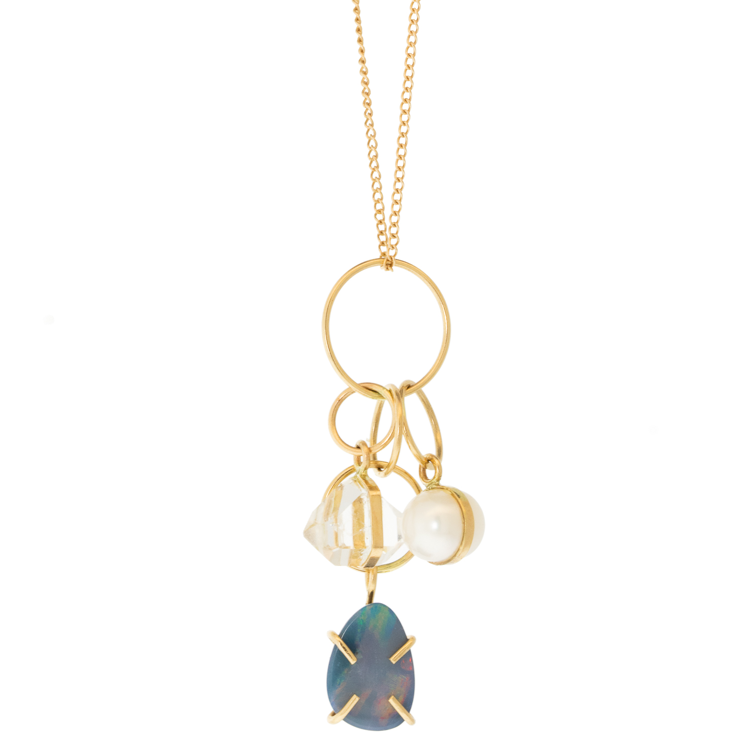 Melissa Joy Manning: Limited edition 14k gold Pearl,Herkimer & Australian opal necklace,16-18"
