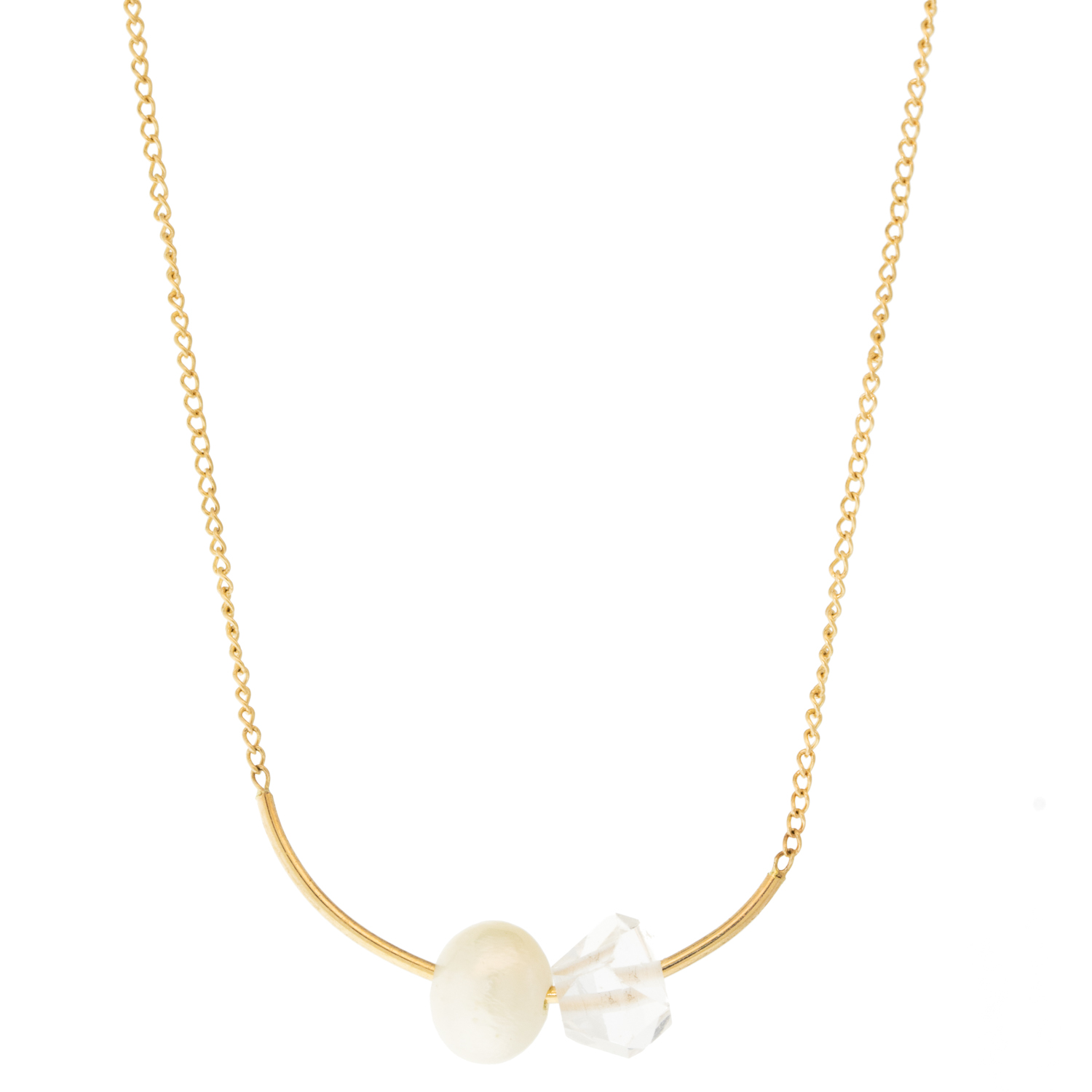 Melissa Joy Manning : 14k gold Floating herkimer and pearl mini bar necklace,16-18"