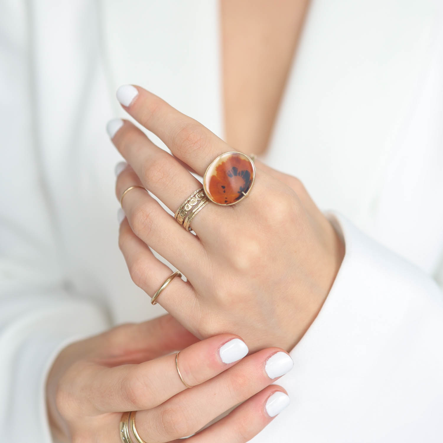 Hannah Blount: Marine Anemone Dendritic Agate Vanity Ring Size 6.75 / 6.75ct Dendritic Agate + 14k Gold + Bright Fine Silver 3/4" x 7/8"