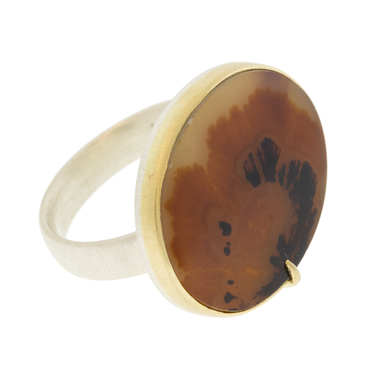 Hannah Blount: Marine Anemone Dendritic Agate Vanity Ring Size 6.75 / 6.75ct Dendritic Agate + 14k Gold + Bright Fine Silver 3/4" x 7/8"