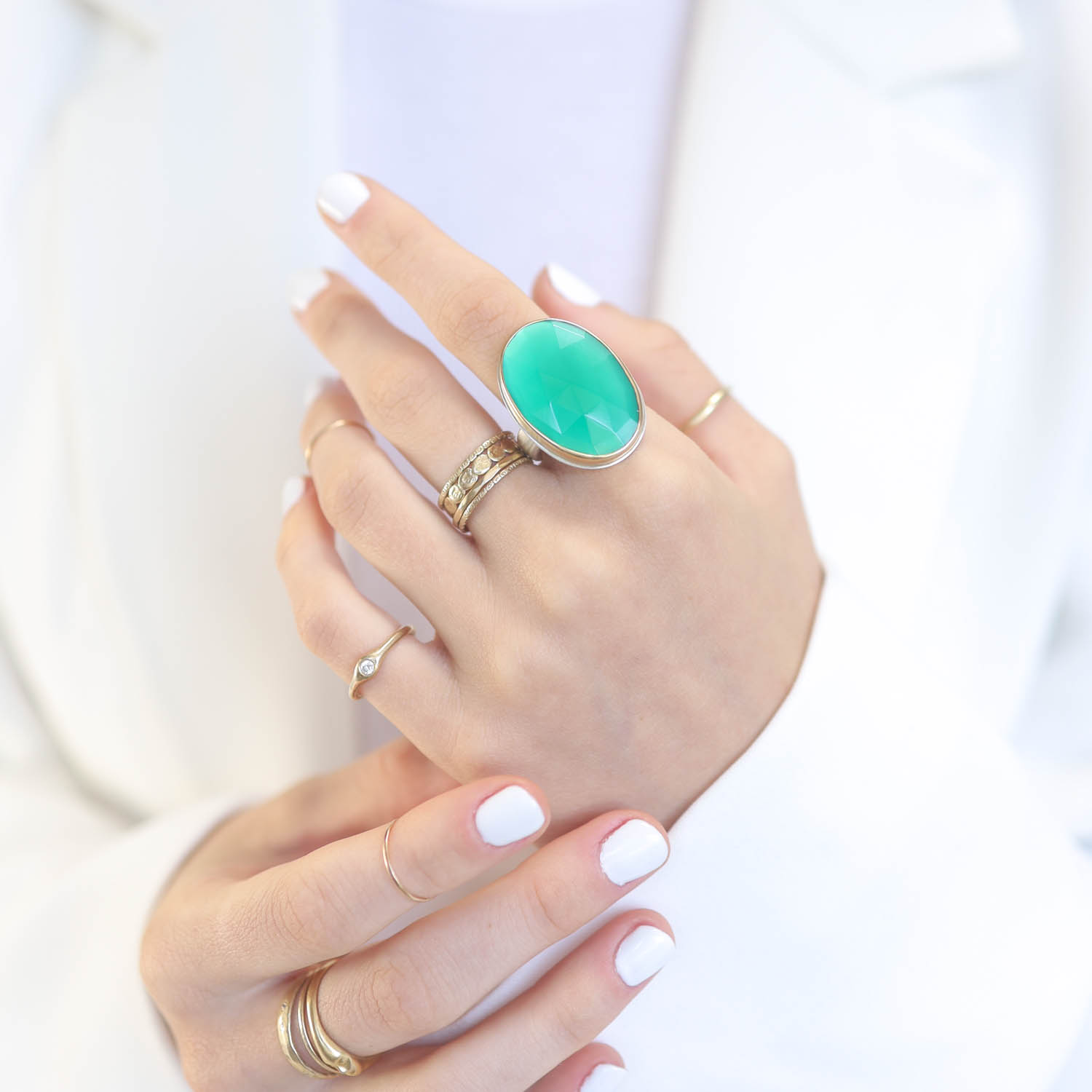 Jamie Joseph: Sterling & 14K Gold Ring w/ Large Vertical Oval Rose CutGREEN ONYX on Comfort Band size 8 1 1/16" x 3/4"