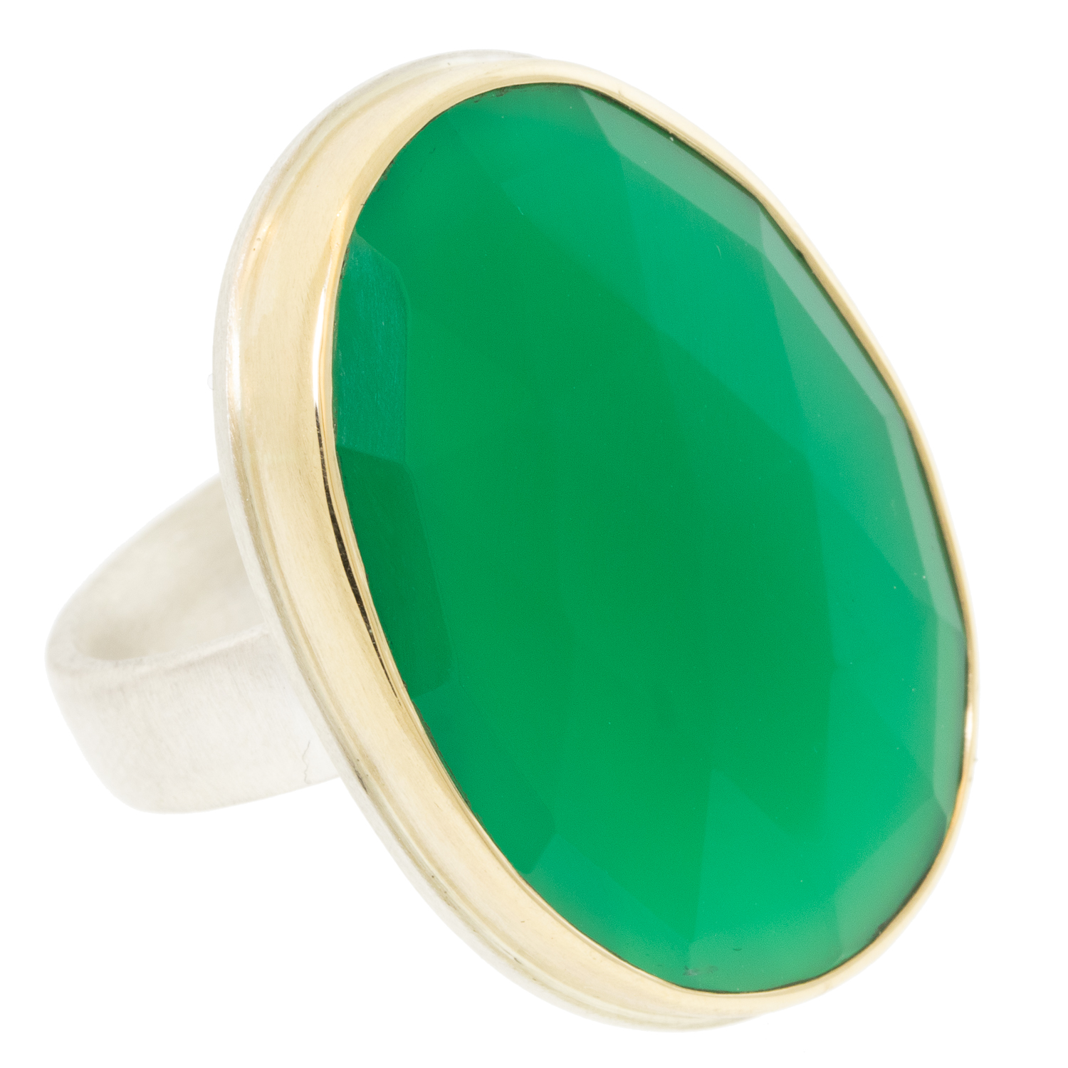 Jamie Joseph: Sterling & 14K Gold Ring w/ Large Vertical Oval Rose CutGREEN ONYX on Comfort Band size 8 1 1/16" x 3/4"