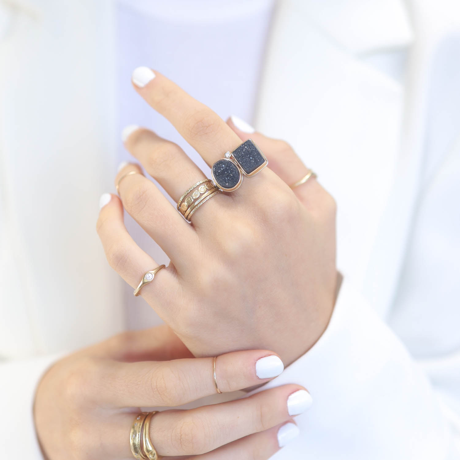 Jamie Joseph:Sterling & 14K Gold Ring w/ Double Oval & RectangularBRAZILIAN BLACK DRUSY & .03 ct Satellite Diamondon Egyptian Band size 7.5 7/16" x 13/16"
