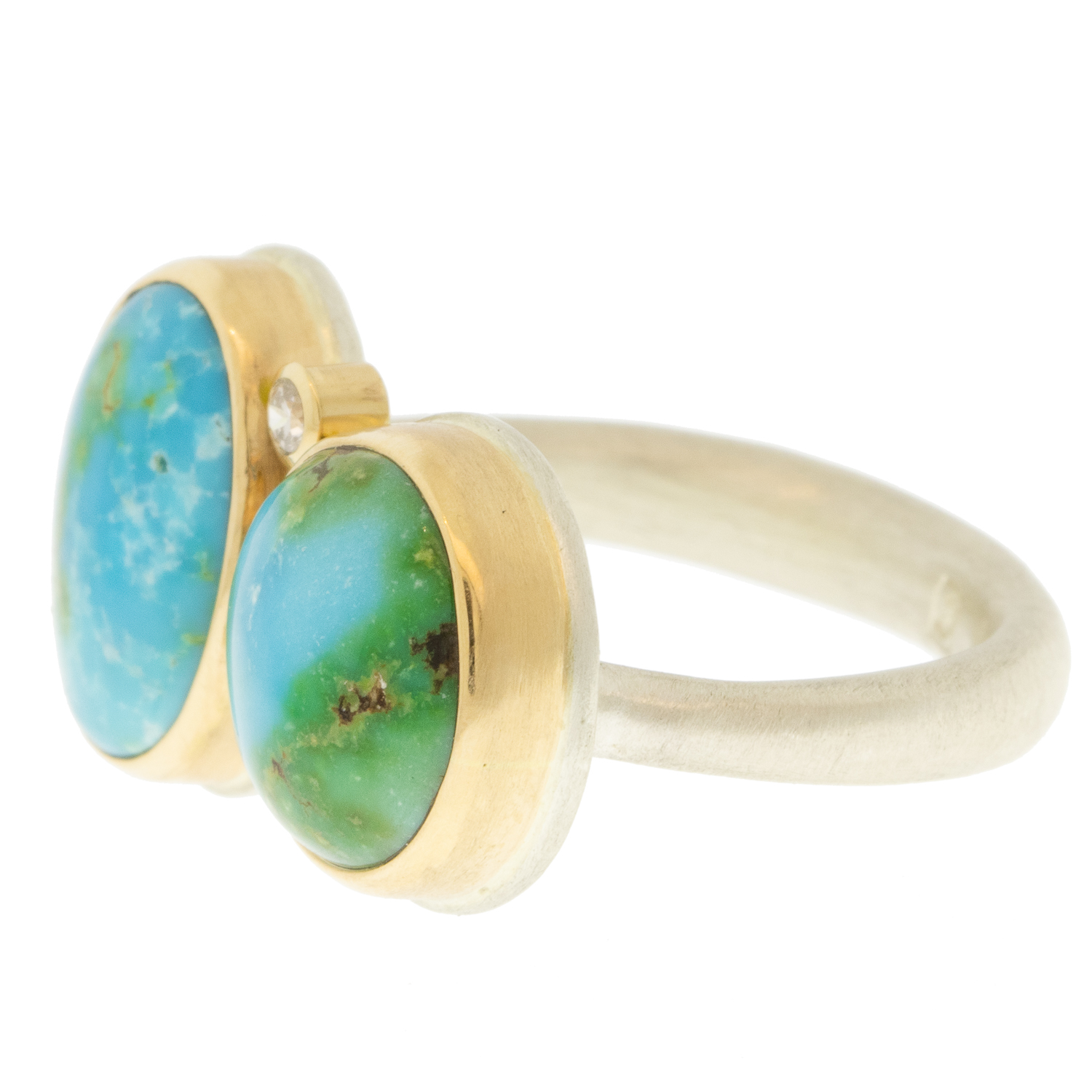 Jamie Joseph: Sterling & 14K Gold Ring w/ Double Oval & Round SONORAN MOUNTAIN TURQUOISE & .03 ct Satellite Diamond on Egyptian Band, size 7 stones 1/2" x 13/16"