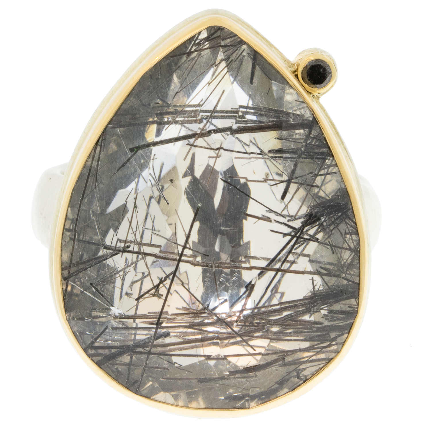 Jamie Joseph: Ring, Sterling & 14K Gold Ring w/ Large Vertical Teardrop Inverted TOURMALINATED QUARTZ & .03 ct Satellite Black Diamond on Groovy Band 15/16" x 3/4" size 8