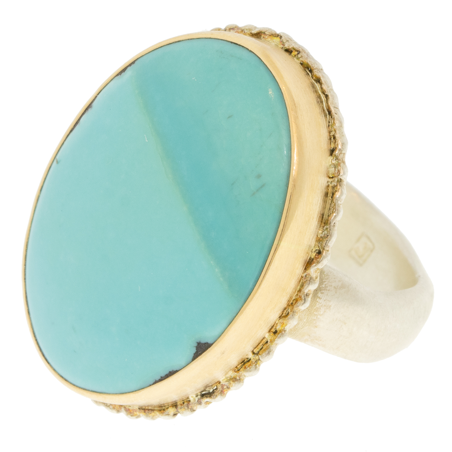 Jamie Joseph: Ring, Sterling & 14K Gold ring, w/ Vertical Oval Turquoise on Lava Platform and Groovy Band