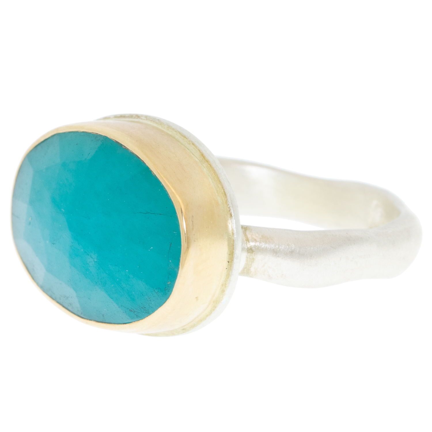 Jamie Joseph: Ring, Sterling & 14K gold , w/Oval Rose Cut AMAZONITE on Middle Groovy Band sz 7 7/16" x 11/16"