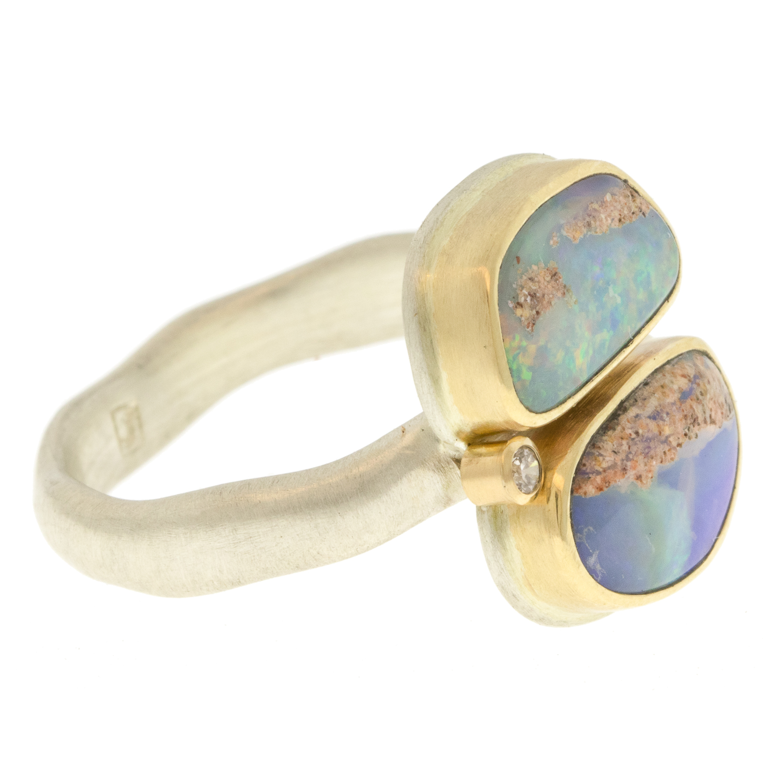 Jamie Joseph: Sterling & 14K Gold Ring w/ Double Asymmetrical OPALIZED WOOD & .025 ct Satellite Diamond on Middle Groovy Band size 7 9/16" x 3/8"