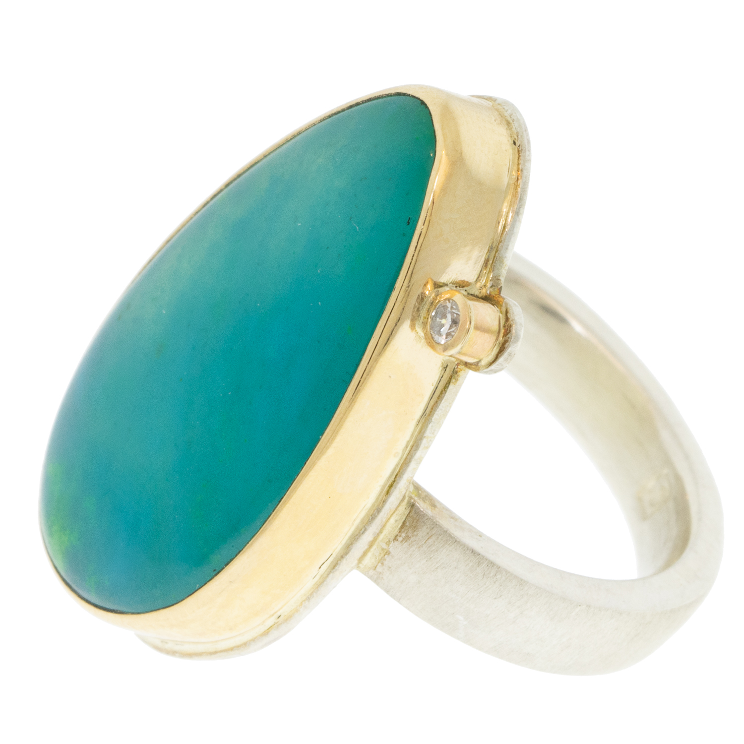 Jamie Joseph: Sterling & 14K Gold Ring w/ Vertical Asymmetrical Smooth Gem Silica & .03 TCW Satellite Diamond on Y Band