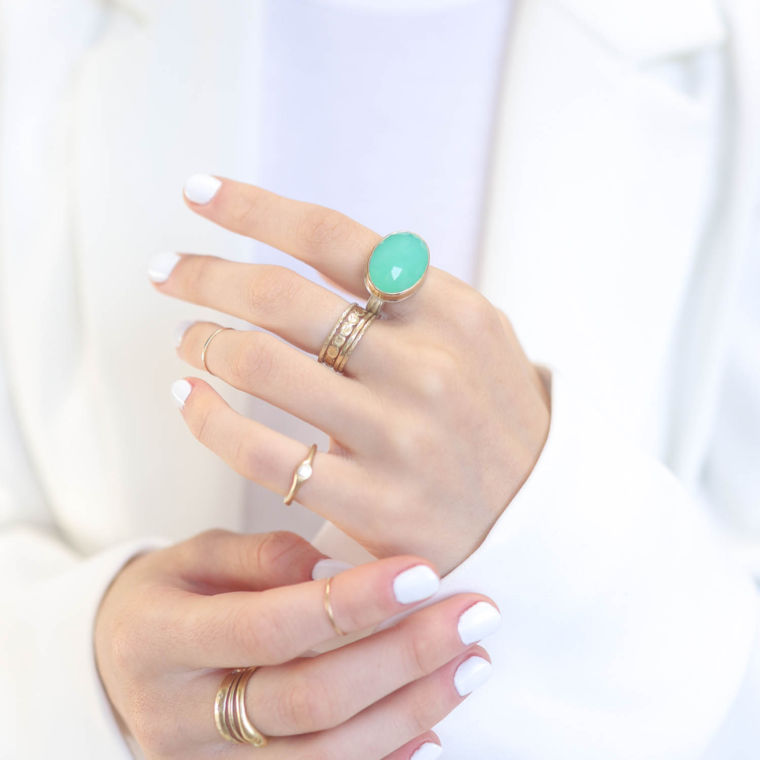Jamie Joseph: Ring, Sterling & 14K Gold Ring w/ Oval Inverted CHRYSOPRASE on Y Band 9/16" x 3/4" size 6 3/4