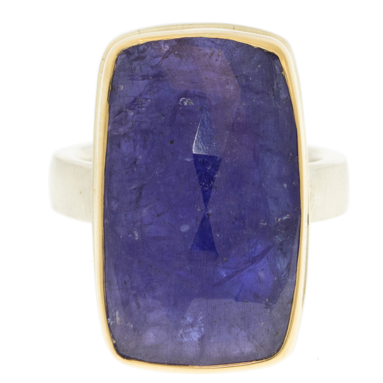 Jamie Joseph: Sterling & 14K Gold Ring w/ Vertical Rectangular Rose Cut TANZANITE on Y Band 15/16" x 9/16" size 7