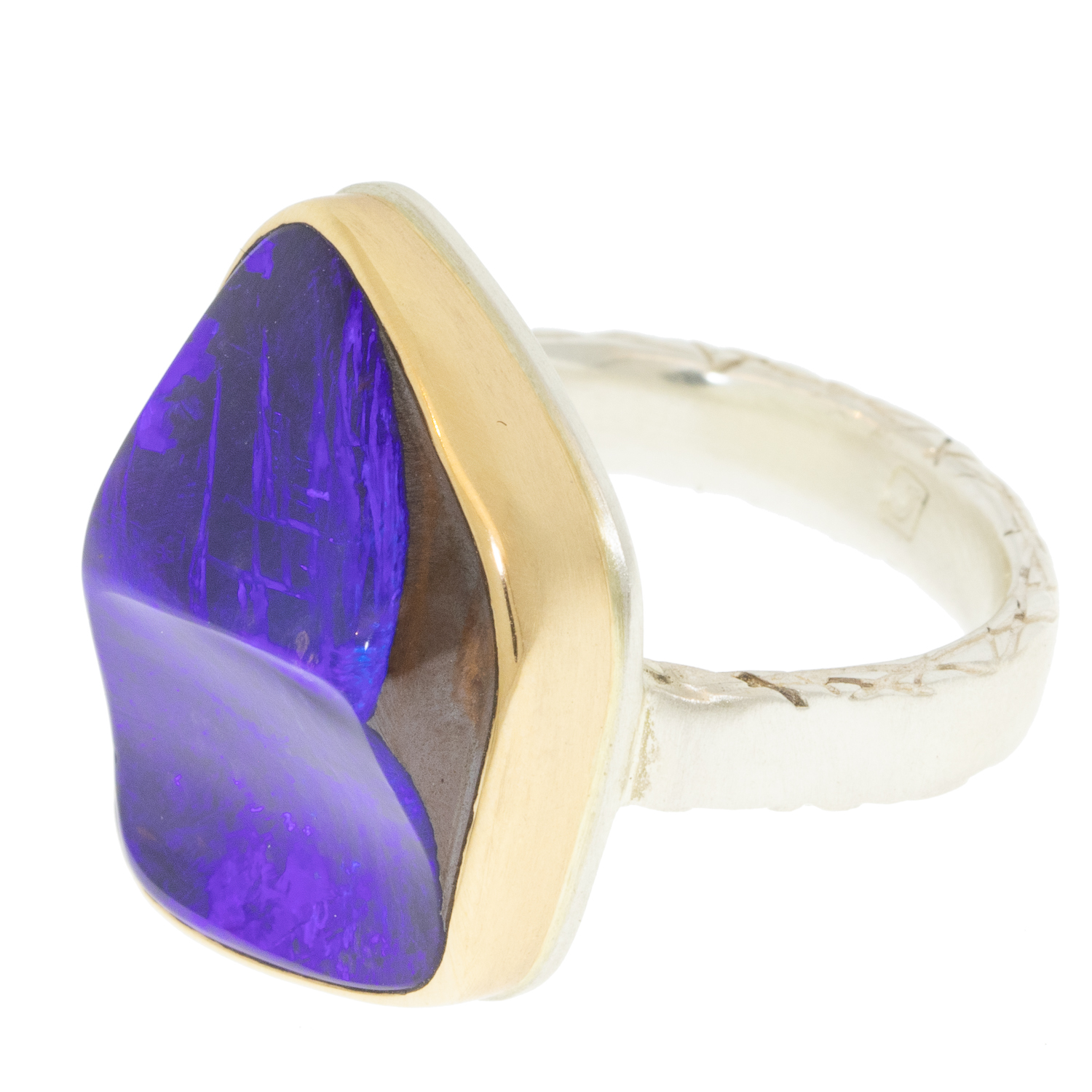 Jamie Joseph: SS and 14k Gold Ring w/Vertical Asymmetrical BOULDER OPAL on Middle Bark Band Measures 13/16" x 9/16" size 7