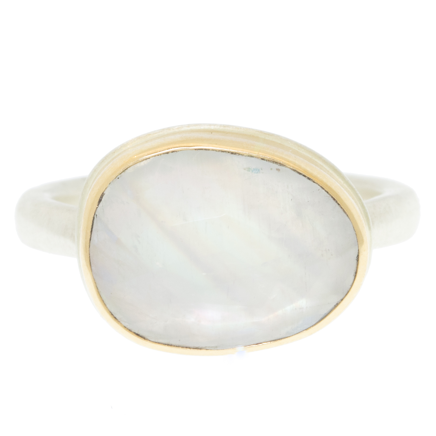 Jamie Joseph: Sterling & 14K Gold Ring w/ Small Asymmetrical Rose Cut WHITE RAINBOW MOONSTONE on Middle Organic Band size 7, 7/16" x 1/2"