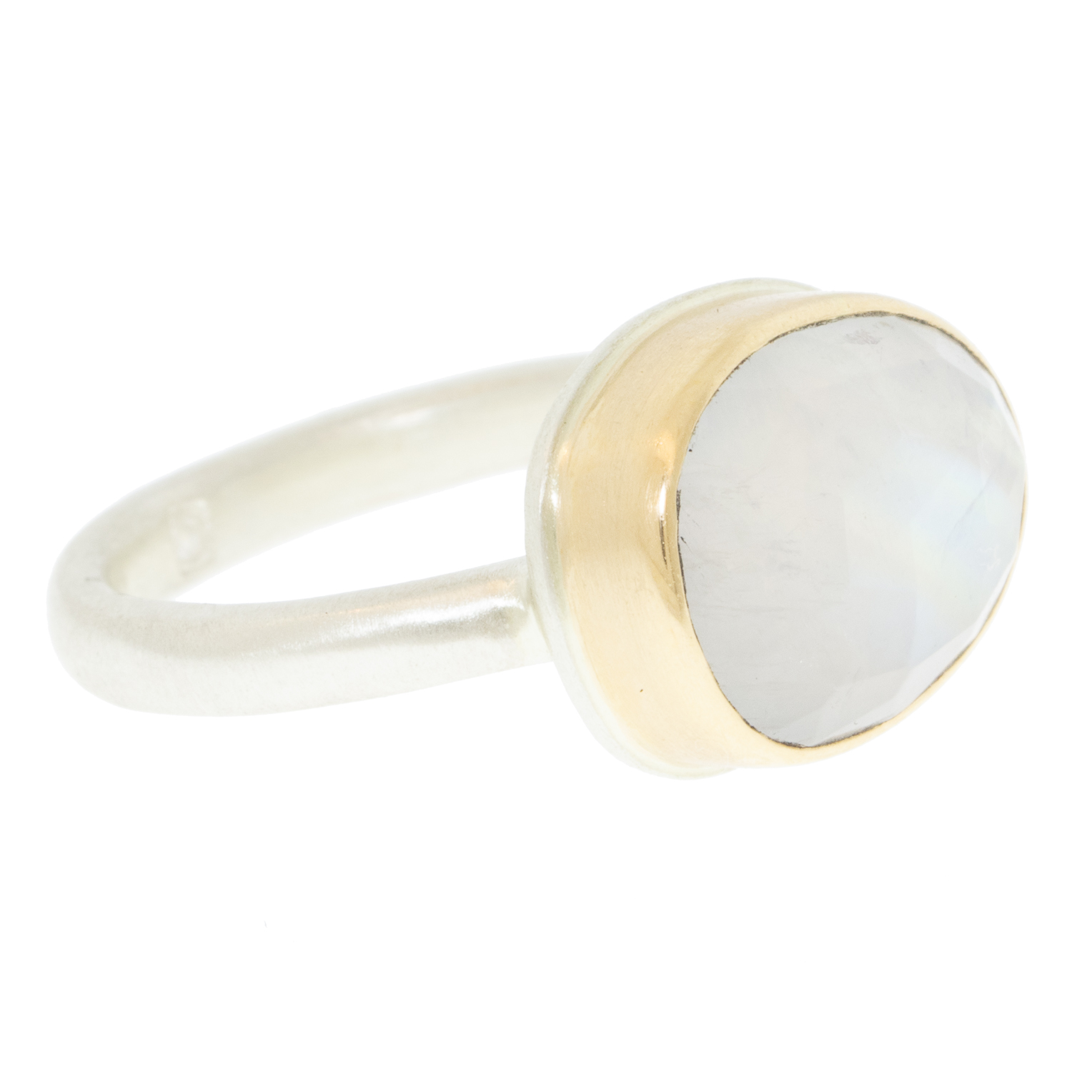 Jamie Joseph: Sterling & 14K Gold Ring w/ Small Asymmetrical Rose Cut WHITE RAINBOW MOONSTONE on Middle Organic Band size 7, 7/16" x 1/2"