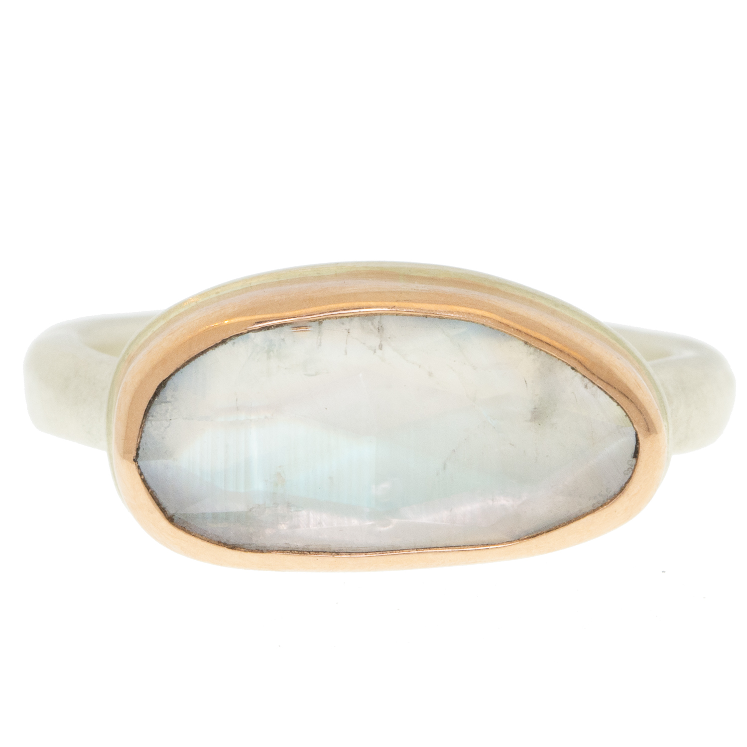 Jamie Joseph: Sterling & 14K Rose Gold Ring w/ Extra Small Asymmetrical Rose Cut WHITE RAINBOW MOONSTONE on Middle Organic Band size 6.5 1/4" x 9/16"