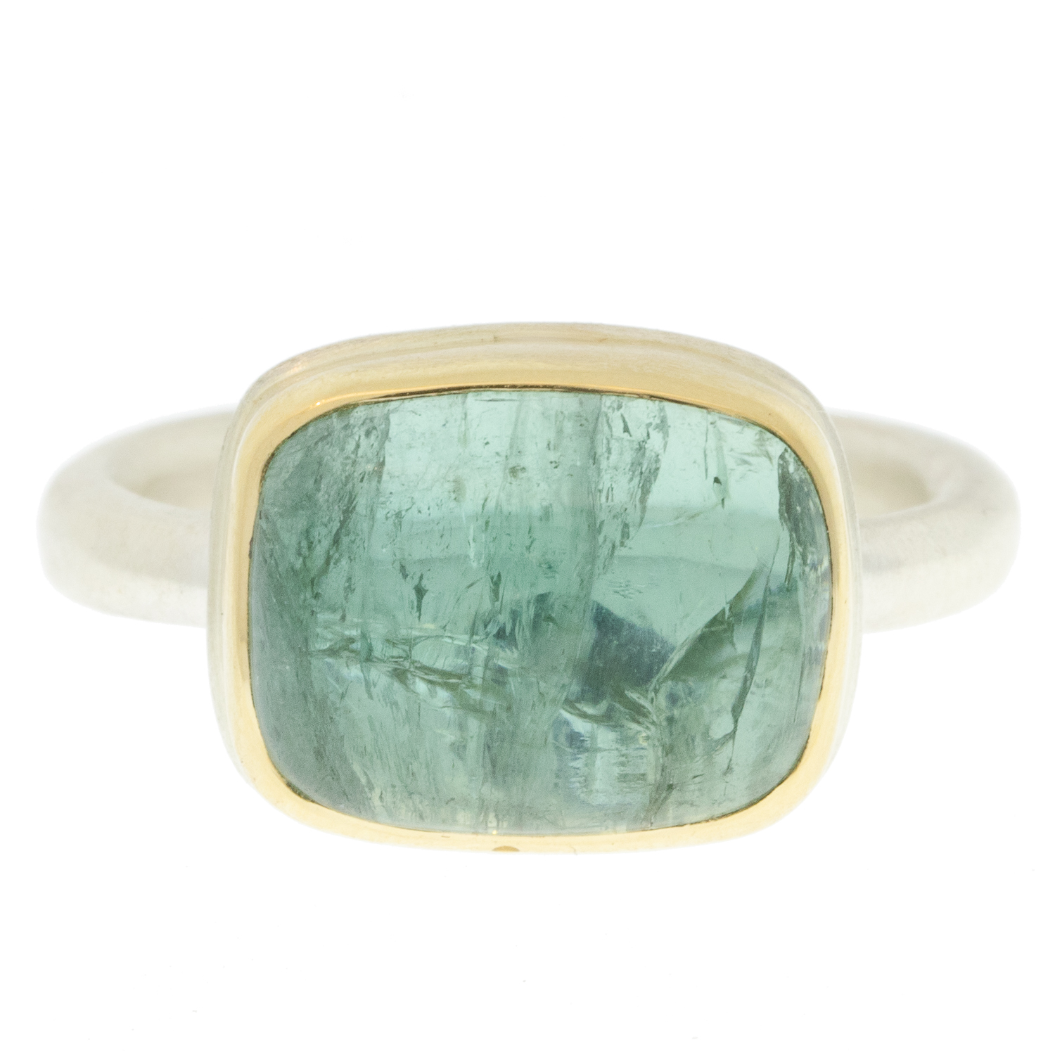 Jamie Joseph:Sterling & 14K Gold Ring w/ Small Rectangular SmoothBLUE GREEN TOURMALINE on Egyptian Band size 7 3/8" x 1/2"