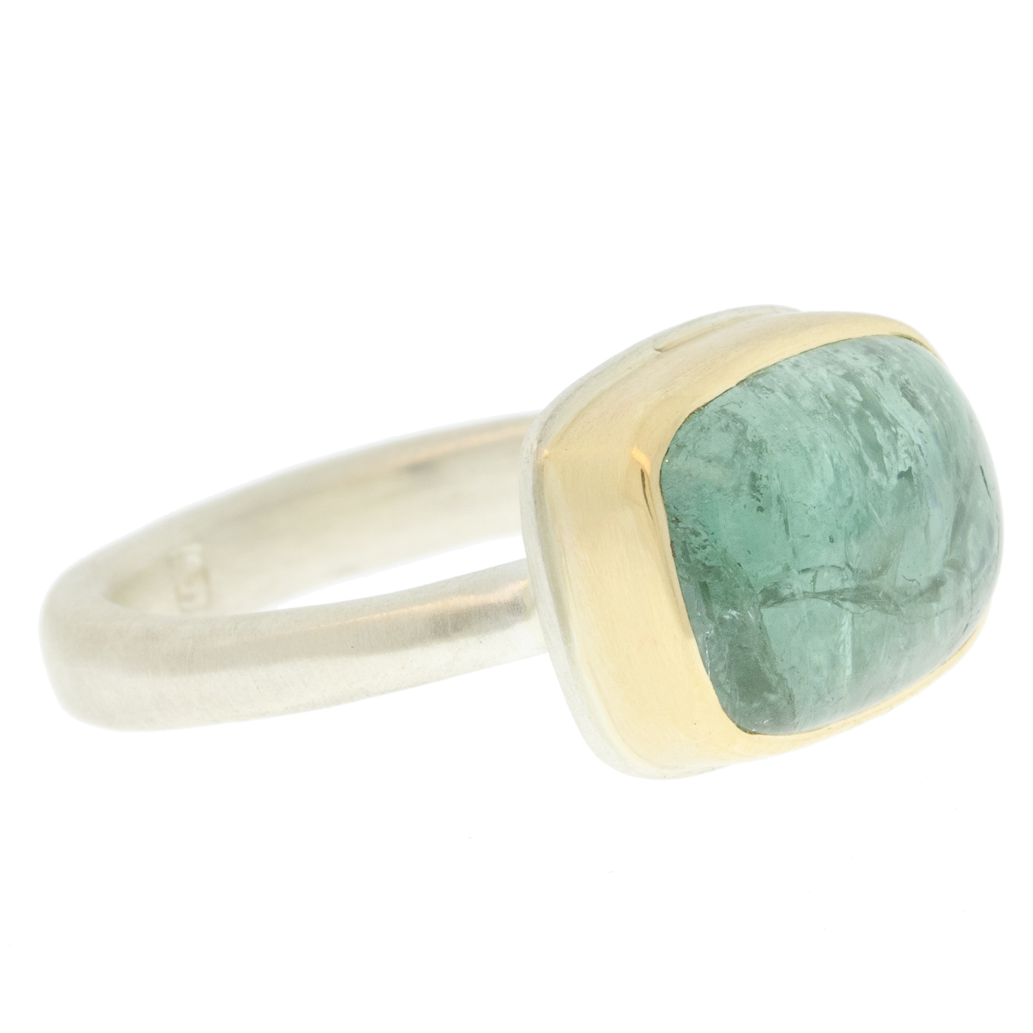 Jamie Joseph:Sterling & 14K Gold Ring w/ Small Rectangular SmoothBLUE GREEN TOURMALINE on Egyptian Band size 7 3/8" x 1/2"