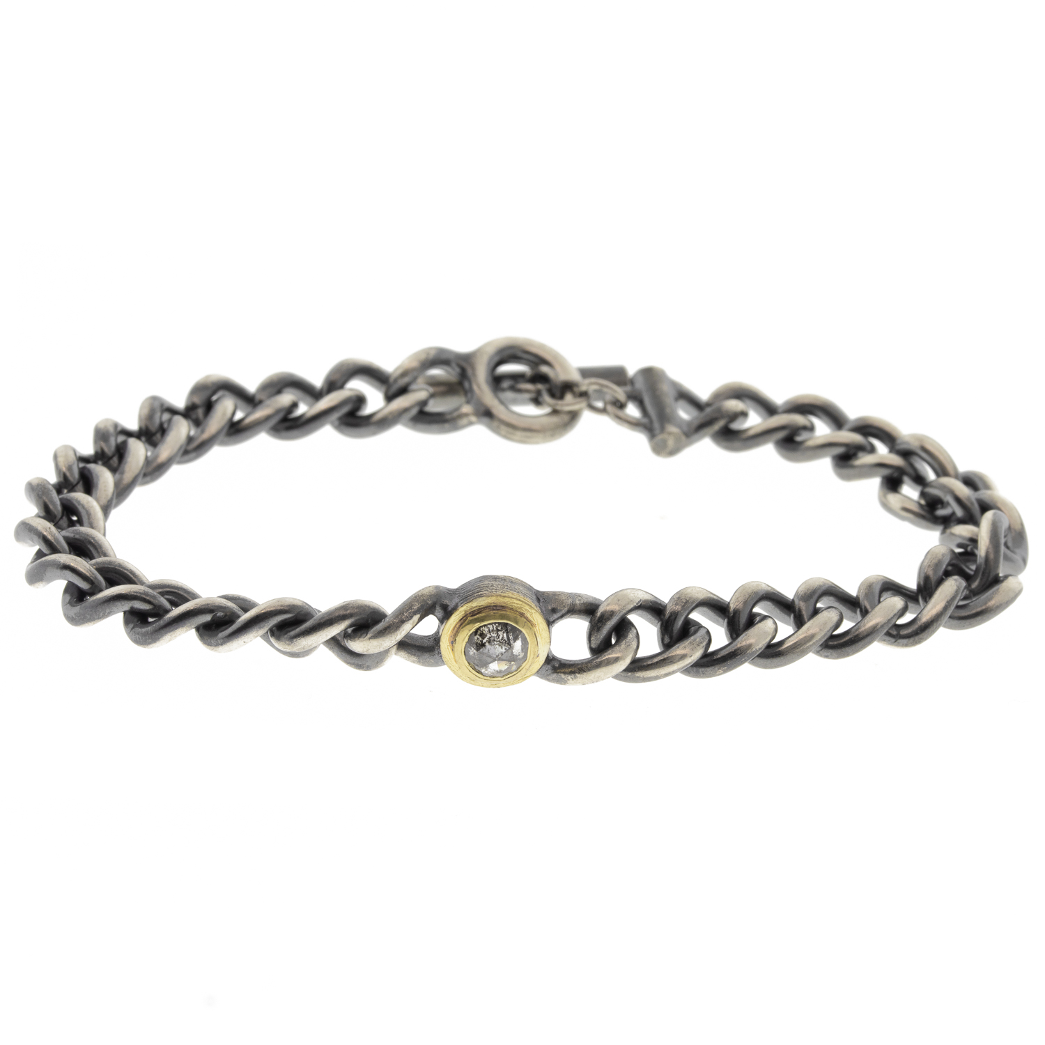 Rene Escobar : Link Bracelet, ROSE, Silver w/ .50ct Rose cut black diamond in 18K yellow gold bezel size M