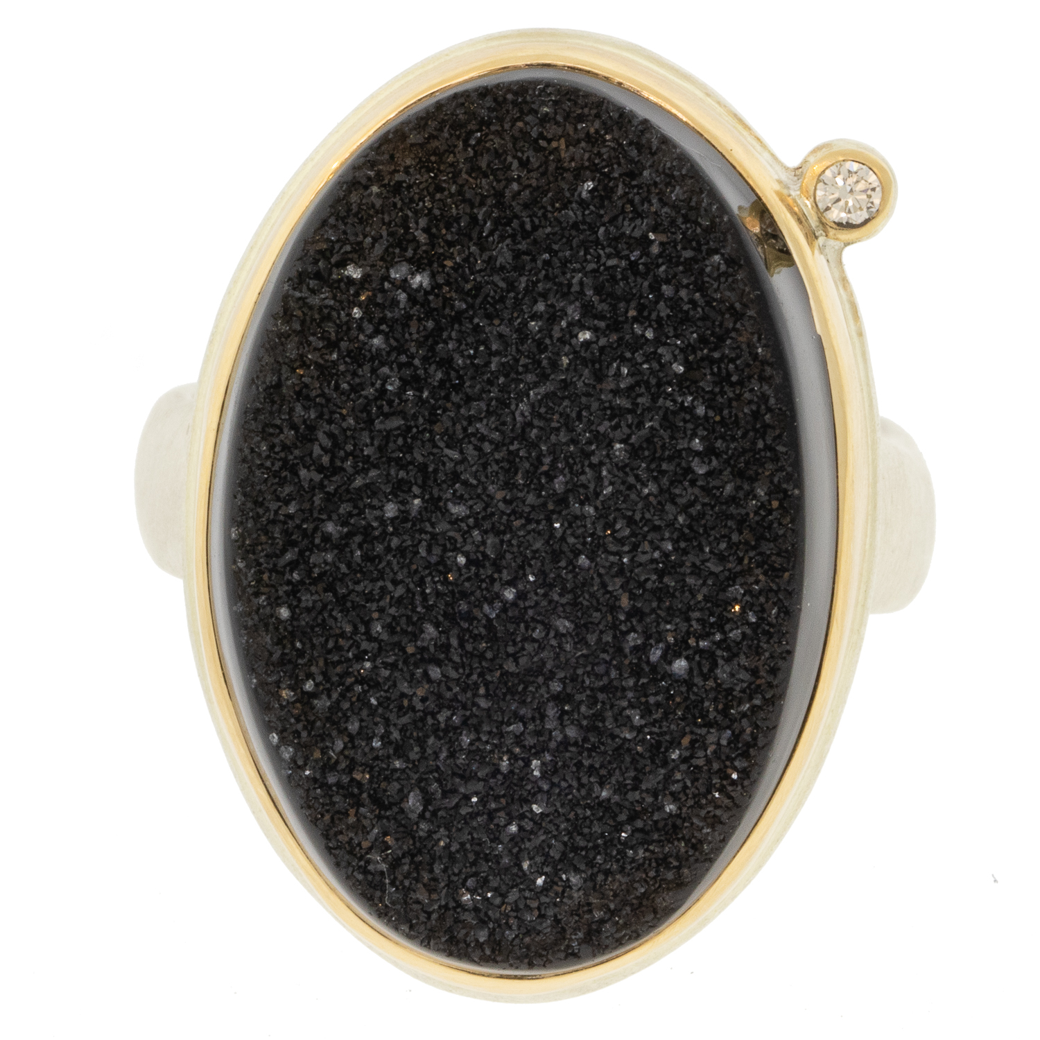 Jamie Joseph: Sterling & 14K Gold Ring w/ Vertical Oval BRAZILIAN BLACK DRUSY & .03 ct Satellite Diamond on Groovy Band size 8 1" x 11/16"