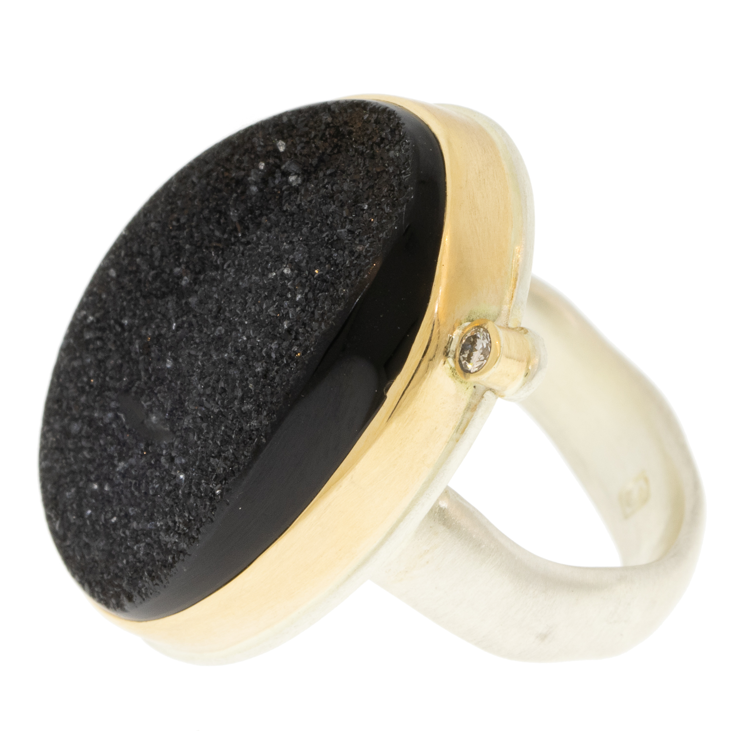 Jamie Joseph: Sterling & 14K Gold Ring w/ Vertical Oval BRAZILIAN BLACK DRUSY & .03 ct Satellite Diamond on Groovy Band size 8 1" x 11/16"