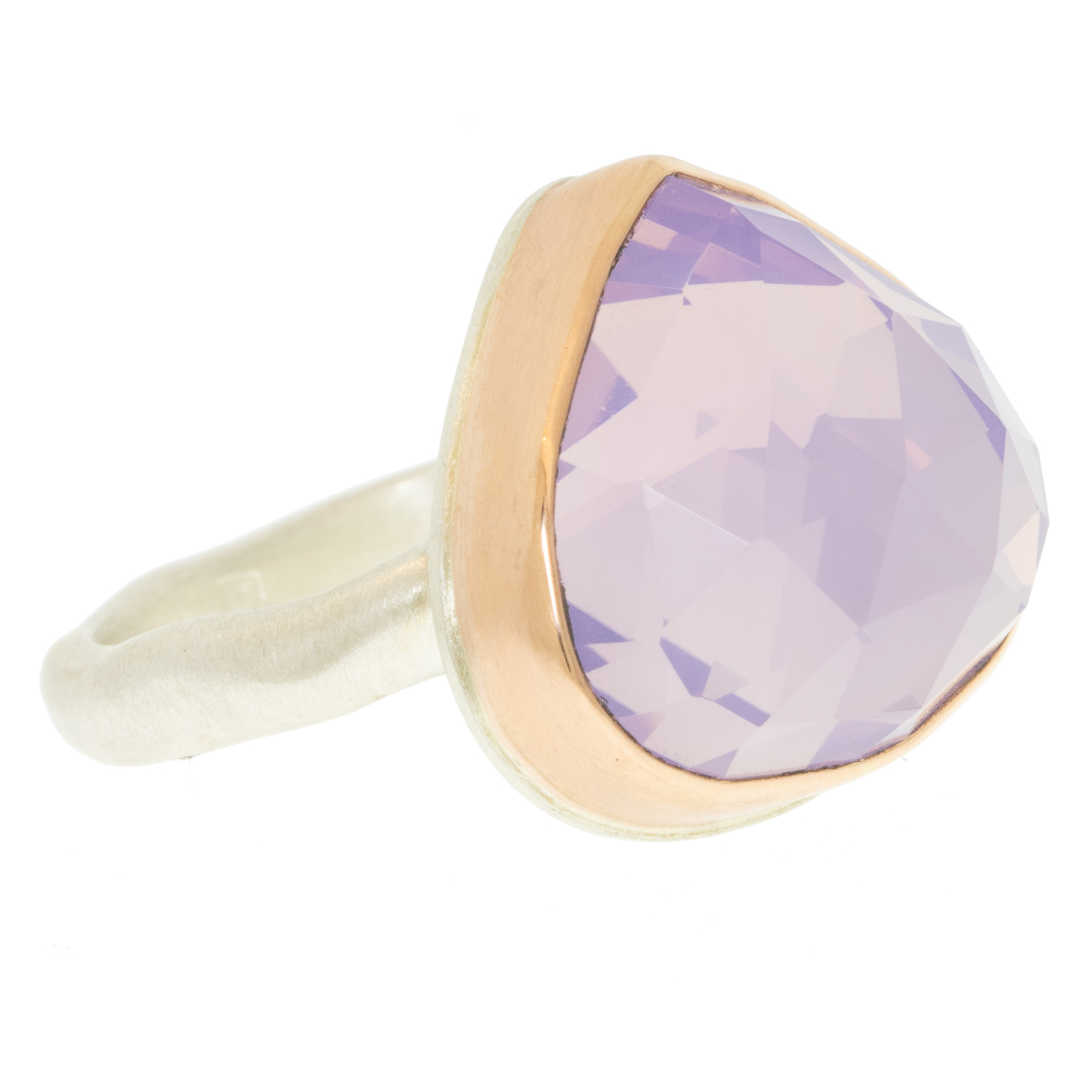 Jamie Joseph: Ring, Sterling & 14K Rose Gold Ring w/ Lotus Rose Cut LAVENDER AMETHYST on Middle Groovy Band 5/8" x 5/8" size 8