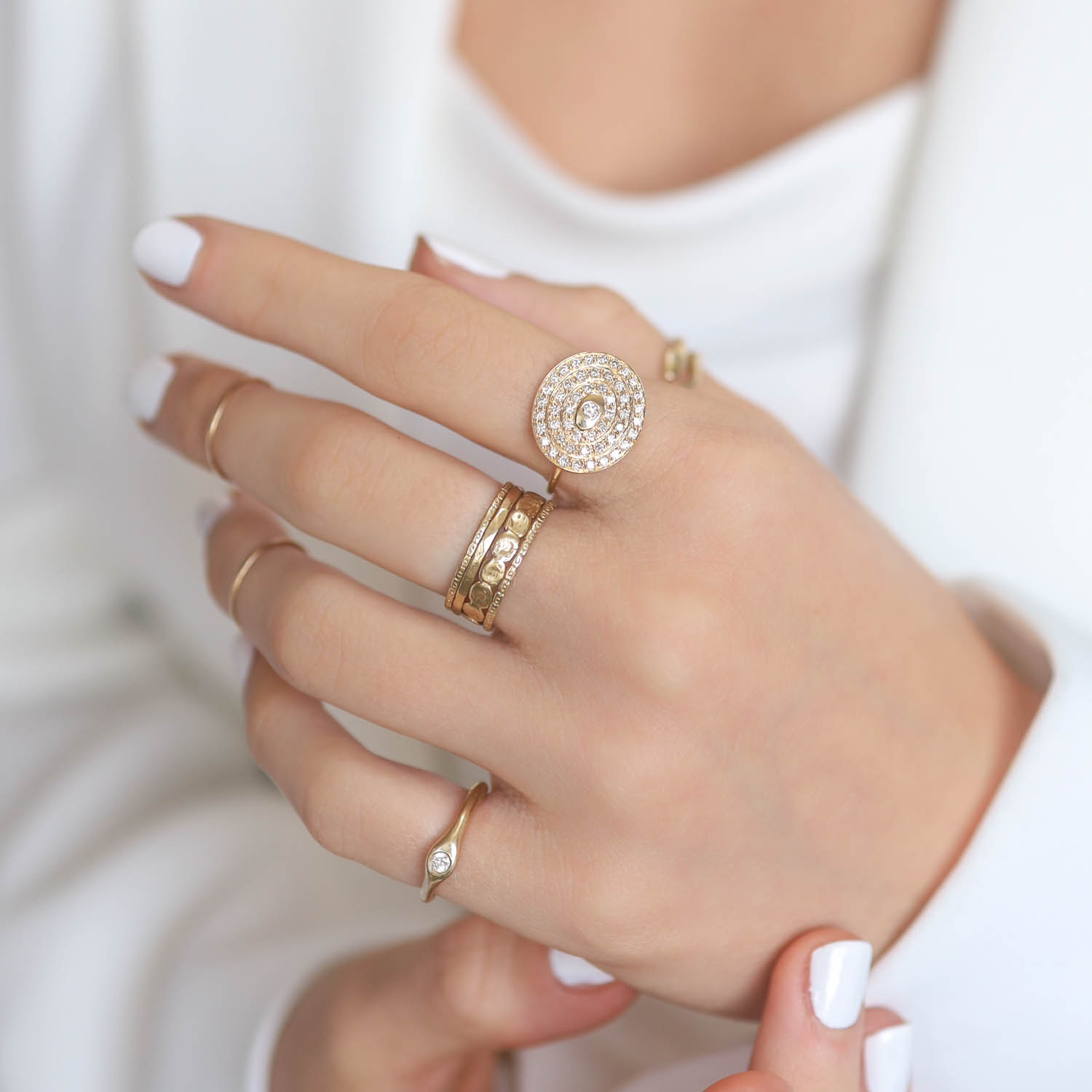 Celine Daoust :Ring,KATE'S Eye,3 rounds of diamonds ,14k Yellow gold, measures 5/8 at widest point size 6.5