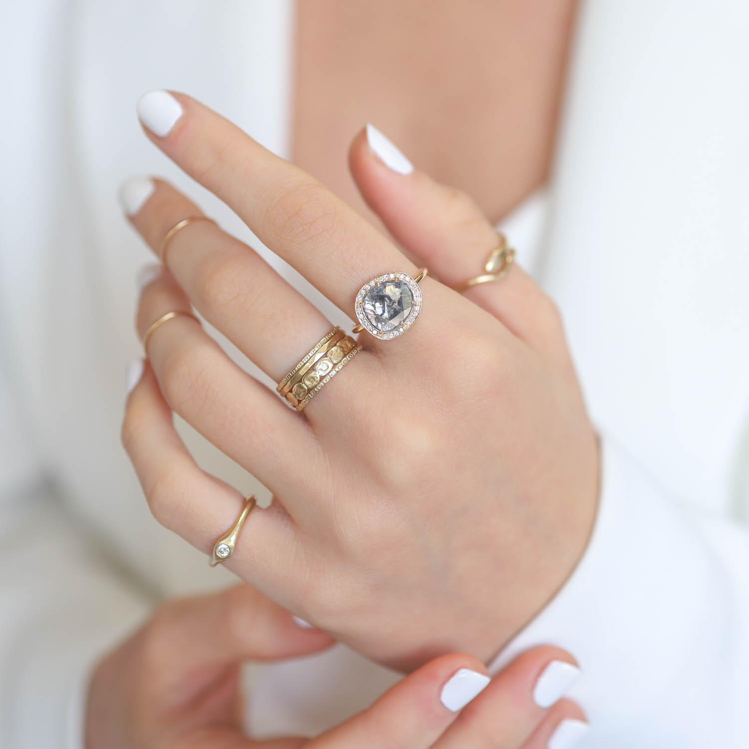 Celine Daoust :Ring,STELLA,One of a kind Diamond slice surrounded by diamonds ,14k Yellow gold, diamond slice measures 7/16"x1/2" including diamond halo size 6.5