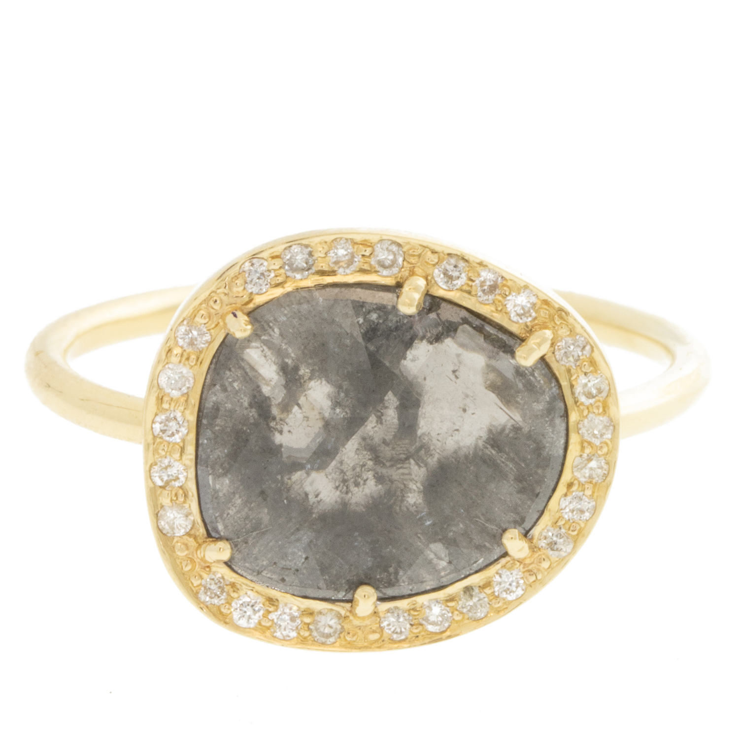 Celine Daoust :Ring,STELLA,One of a kind Diamond slice surrounded by diamonds ,14k Yellow gold, diamond slice measures 7/16"x1/2" including diamond halo size 6.5