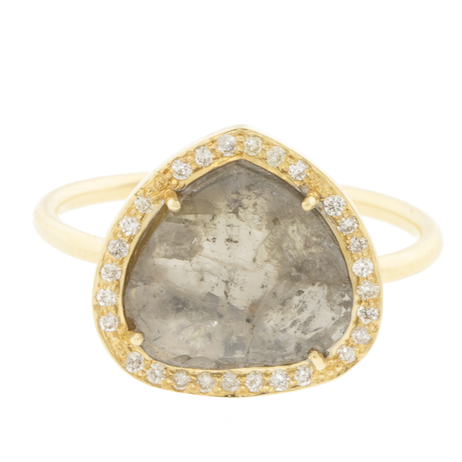 Celine Daoust : Ring,One of a kind STELLA ring,diamond slice ,14k Yellow gold, diamond slice measures 1/2"x1/2" including diamond halo size 6.5